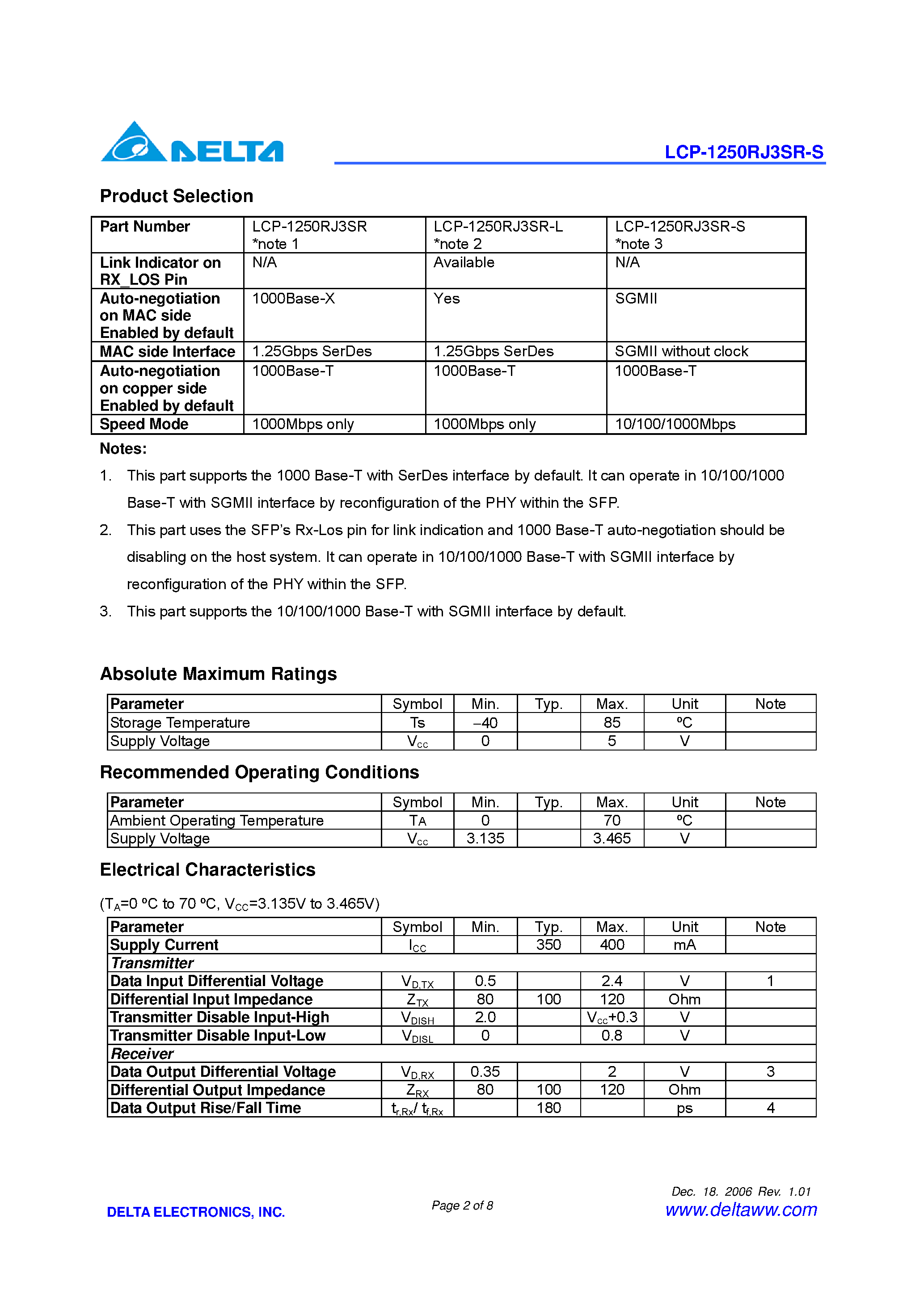 Datasheet LCP-1250RJ3SR-S - RoHS Compliant Copper Small Form-factor Pluggable (SFP) Transceiver page 2