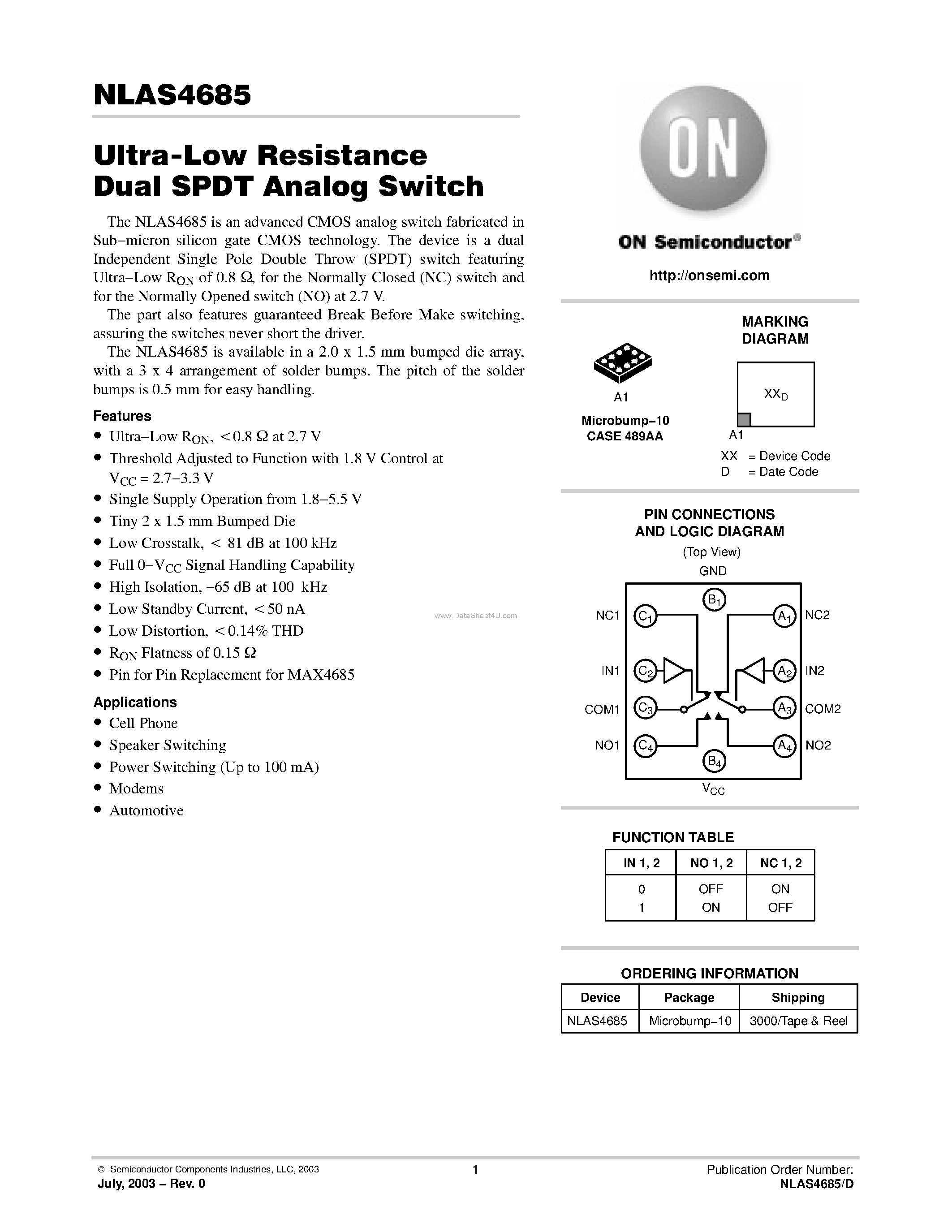Datasheet NLAS4685 - Ultra-Low Resistance Dual SPDT Analog Switch page 1