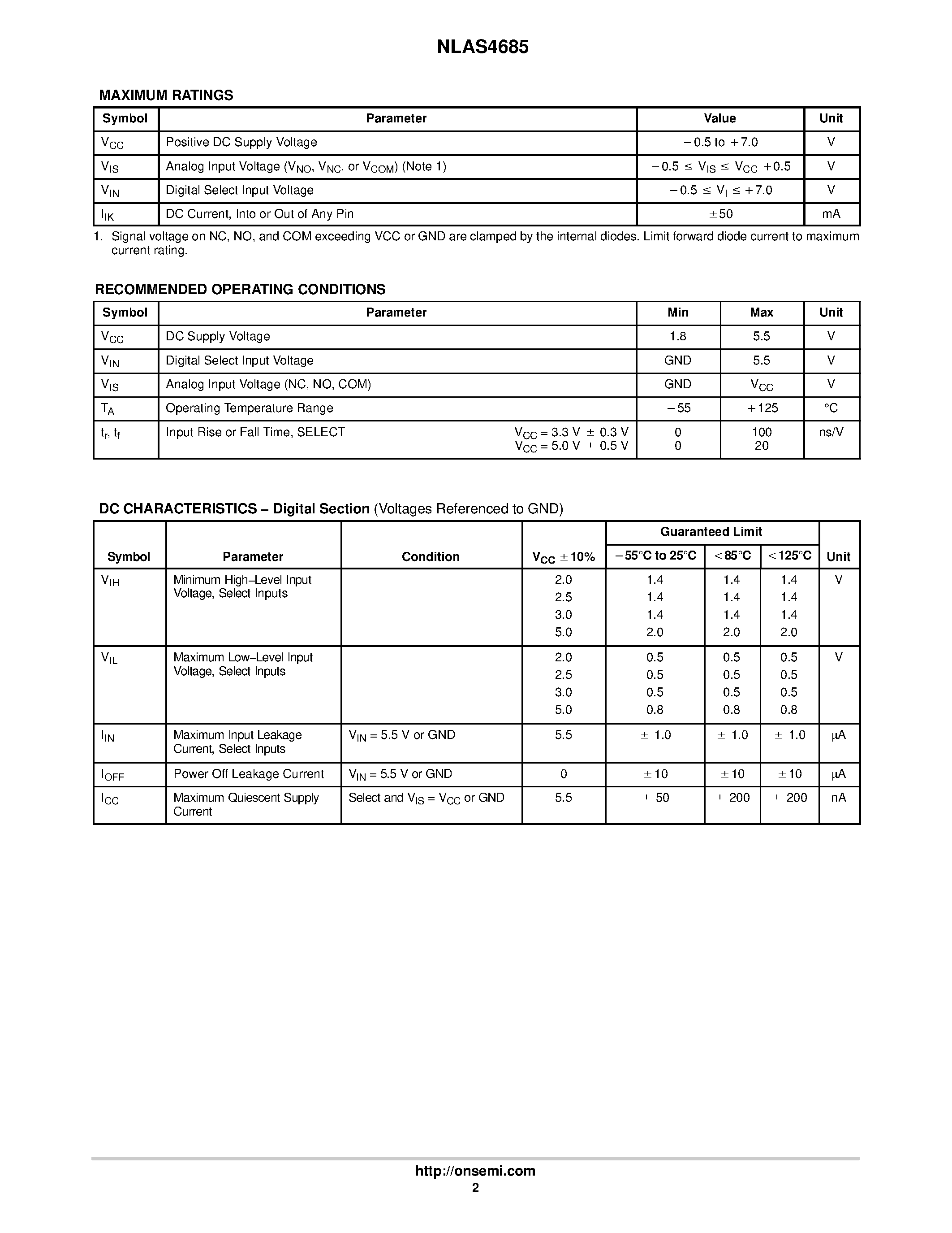 Datasheet NLAS4685 - Ultra-Low Resistance Dual SPDT Analog Switch page 2