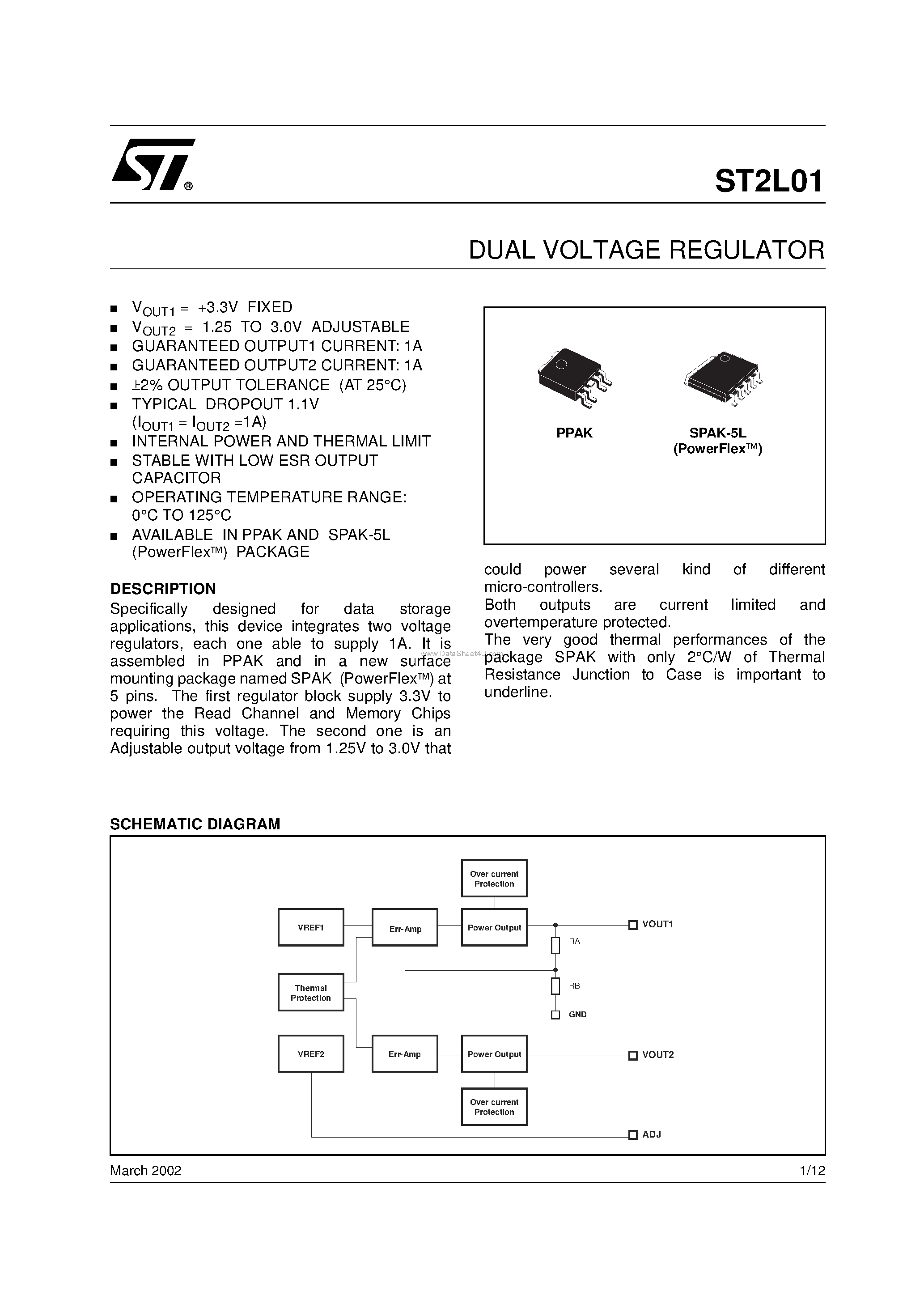 Datasheet ST2L01 page 1 Datasheet ST2L01 - DUAL VOLTAGE REGULATOR page 1