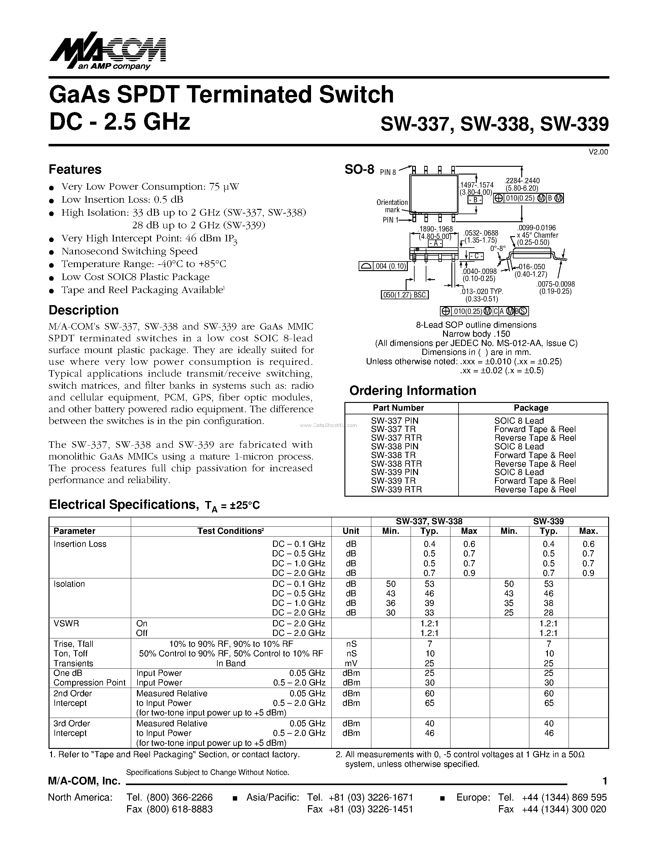 Datasheet SW-337 - (SW-337/-338/-339) GaAs SPDT Terminated Switch page 1