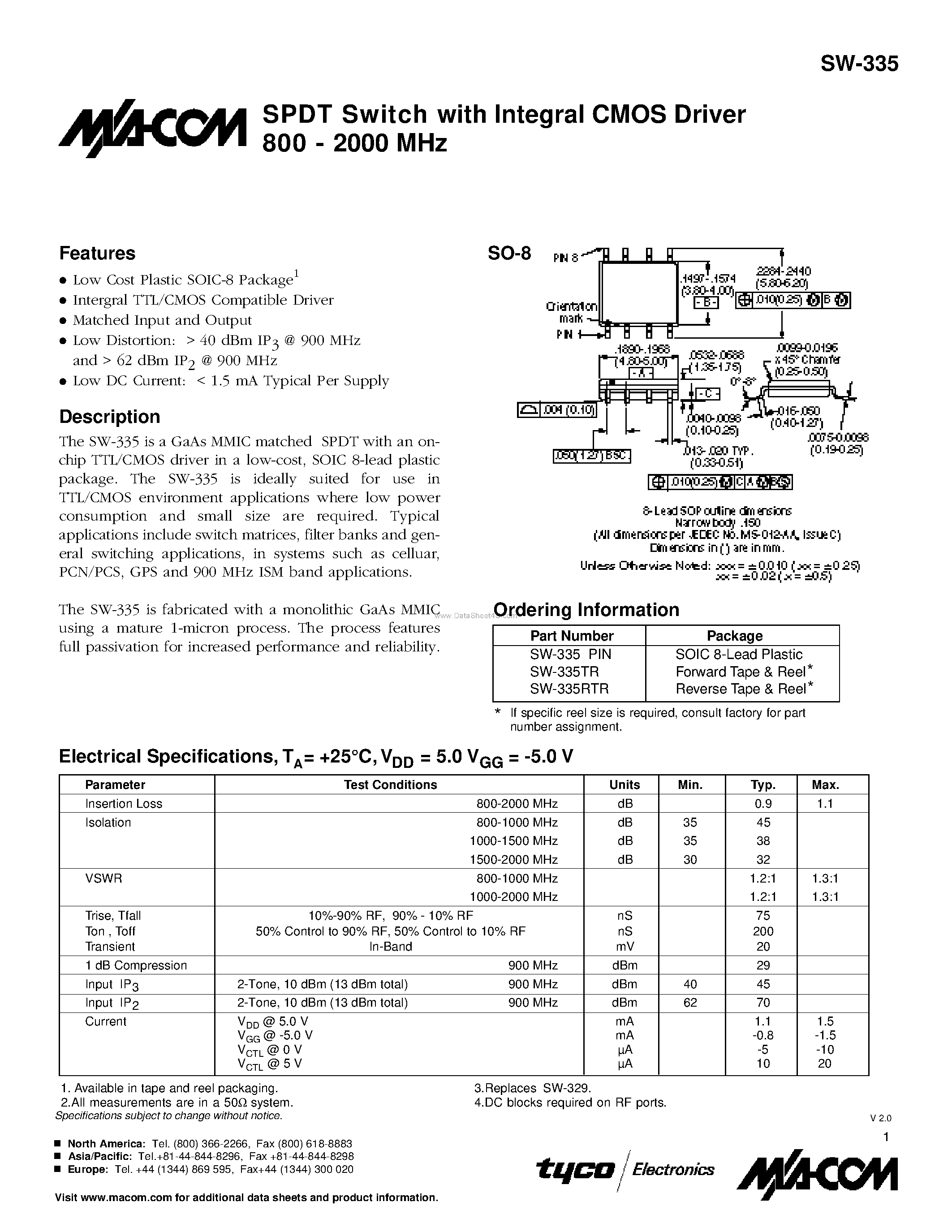 Datasheet SW-335 page 1 Datasheet SW-335 - SPDT Switch page 1