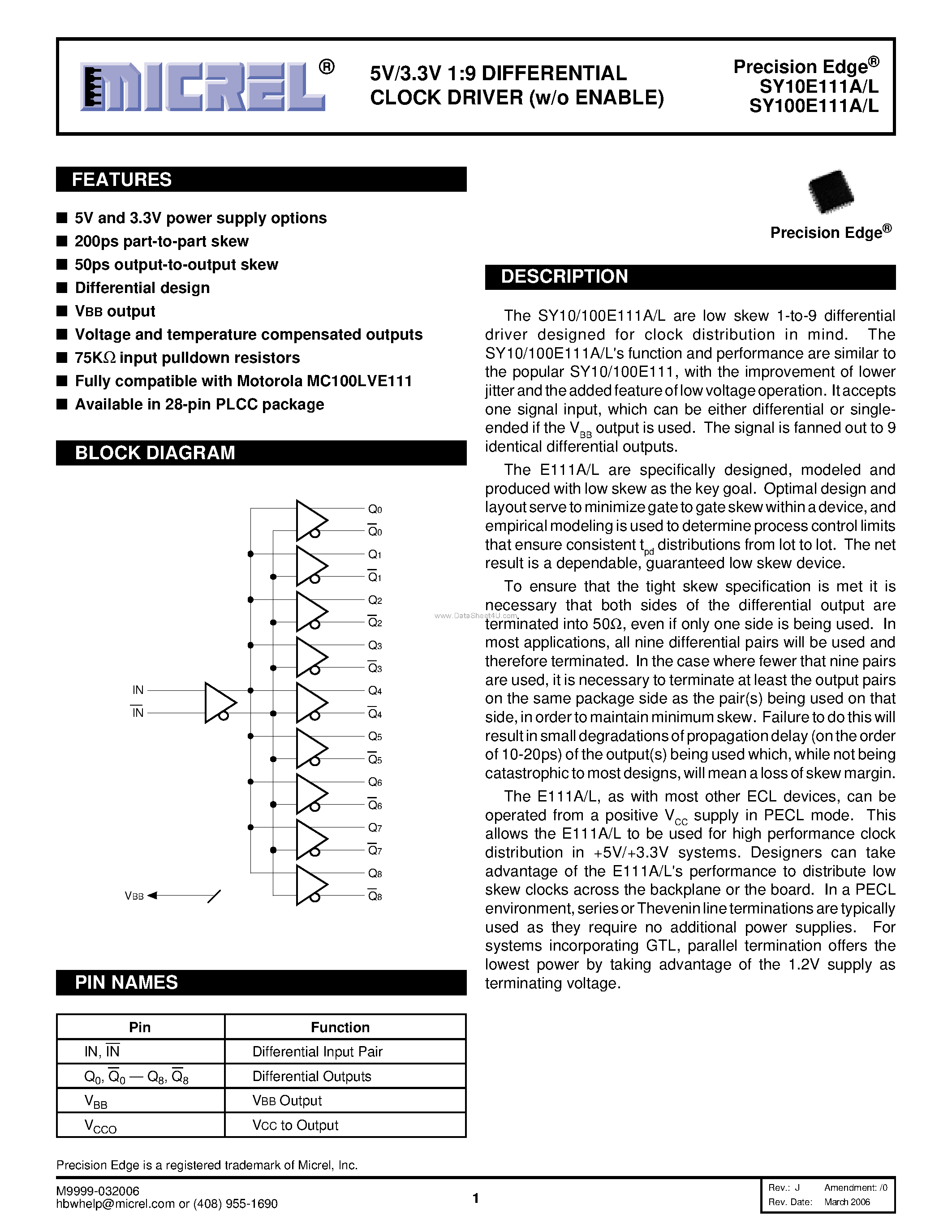 Даташит на микросхему SY100E111A страница 1 Даташит SY100E111A - 1:9 DIFFERENTIAL CLOCK DRIVER страница 1