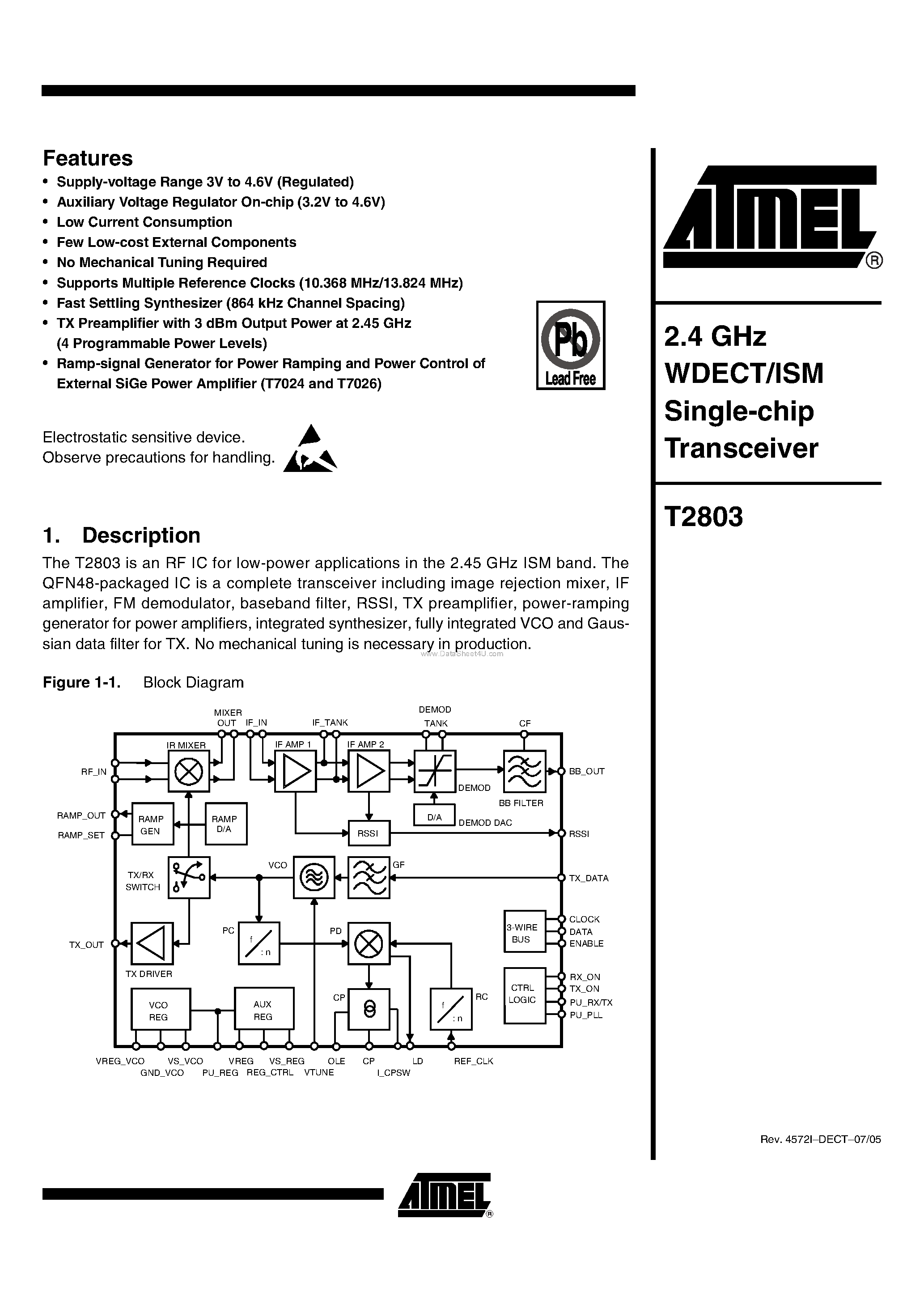 Datasheet T2803 - 2.4 GHZ WDECT/ISM SINGLE CHIP TRANSCEIVER page 1