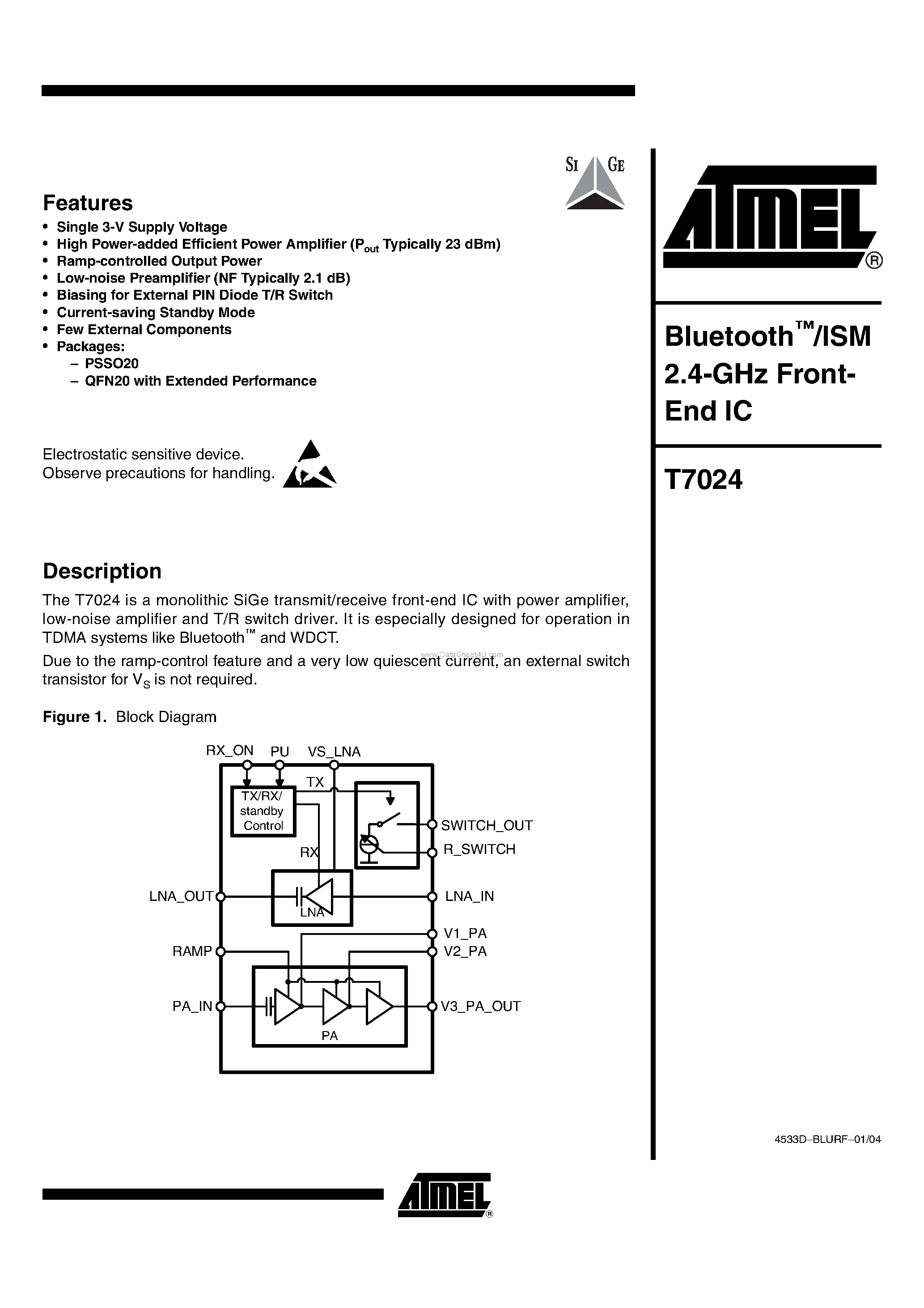 Datasheet T7024 - ISM 2.4-GHz Front- End IC page 1