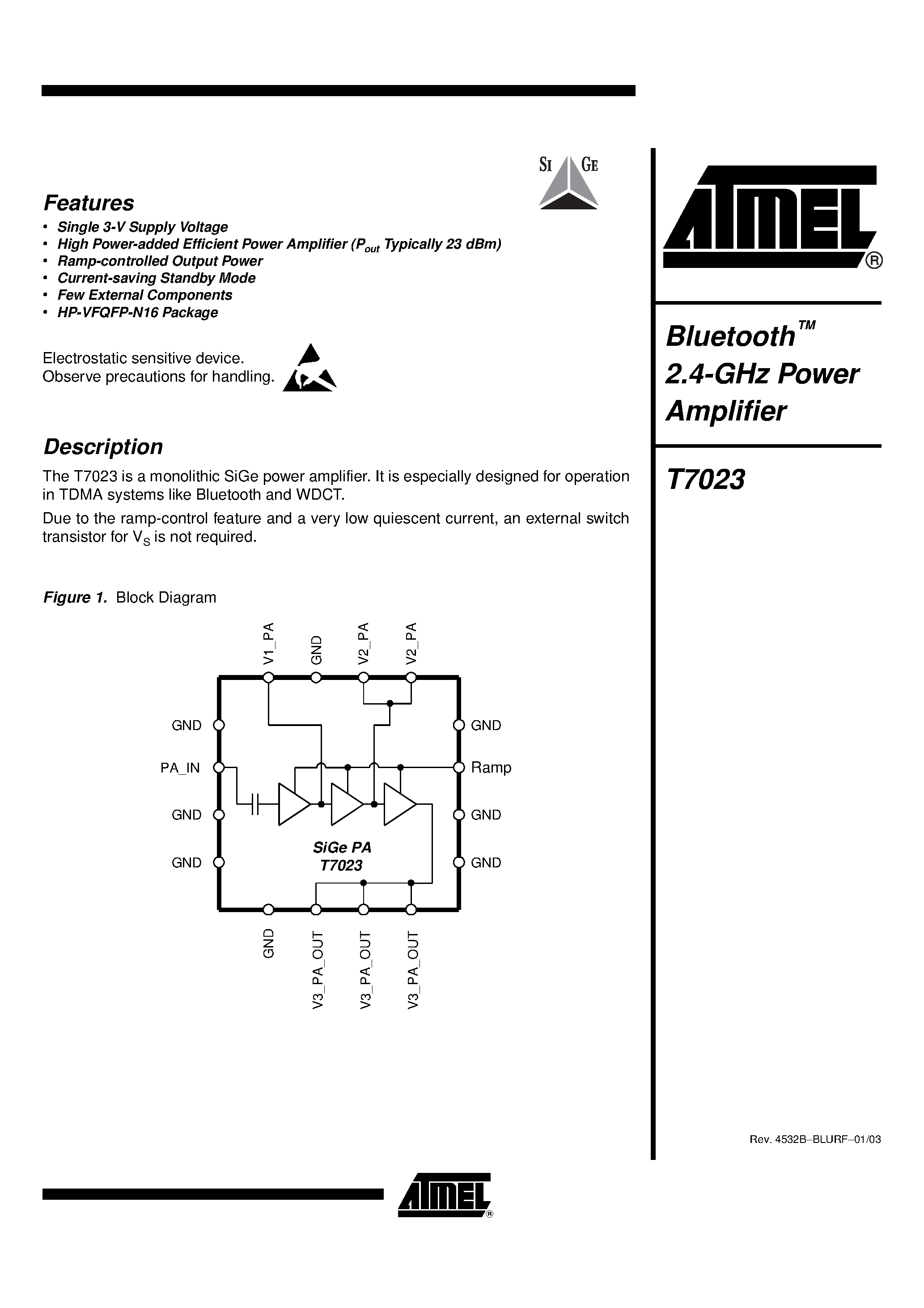 Datasheet T7023 - Bluetooth 2.4-GHz Power Amplifier page 1