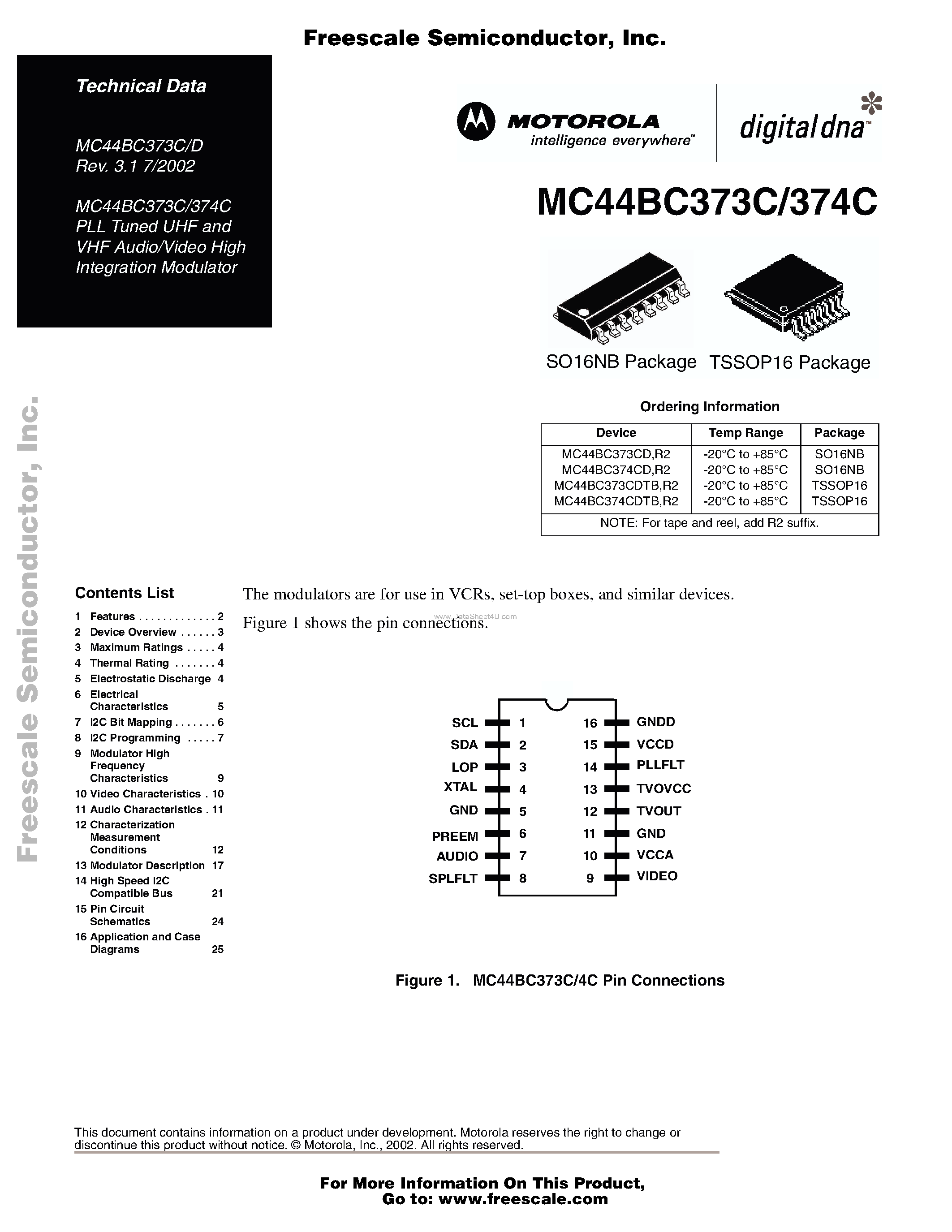 Datasheet MC44BC373C - (MC44BC373C / MC44BC374C) PLL Tuned UHF and VHF Audio/Video High Integration Modulator page 1