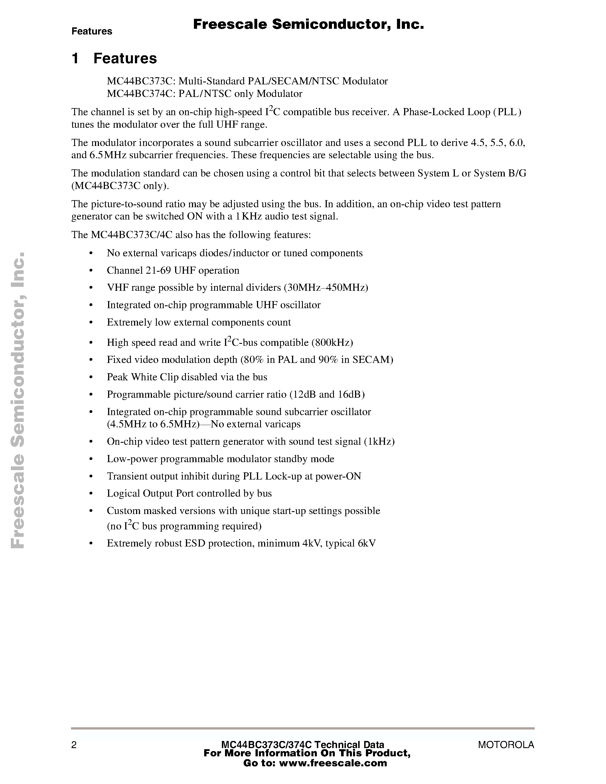 Даташит MC44BC373C - (MC44BC373C / MC44BC374C) PLL Tuned UHF and VHF Audio/Video High Integration Modulator страница 2
