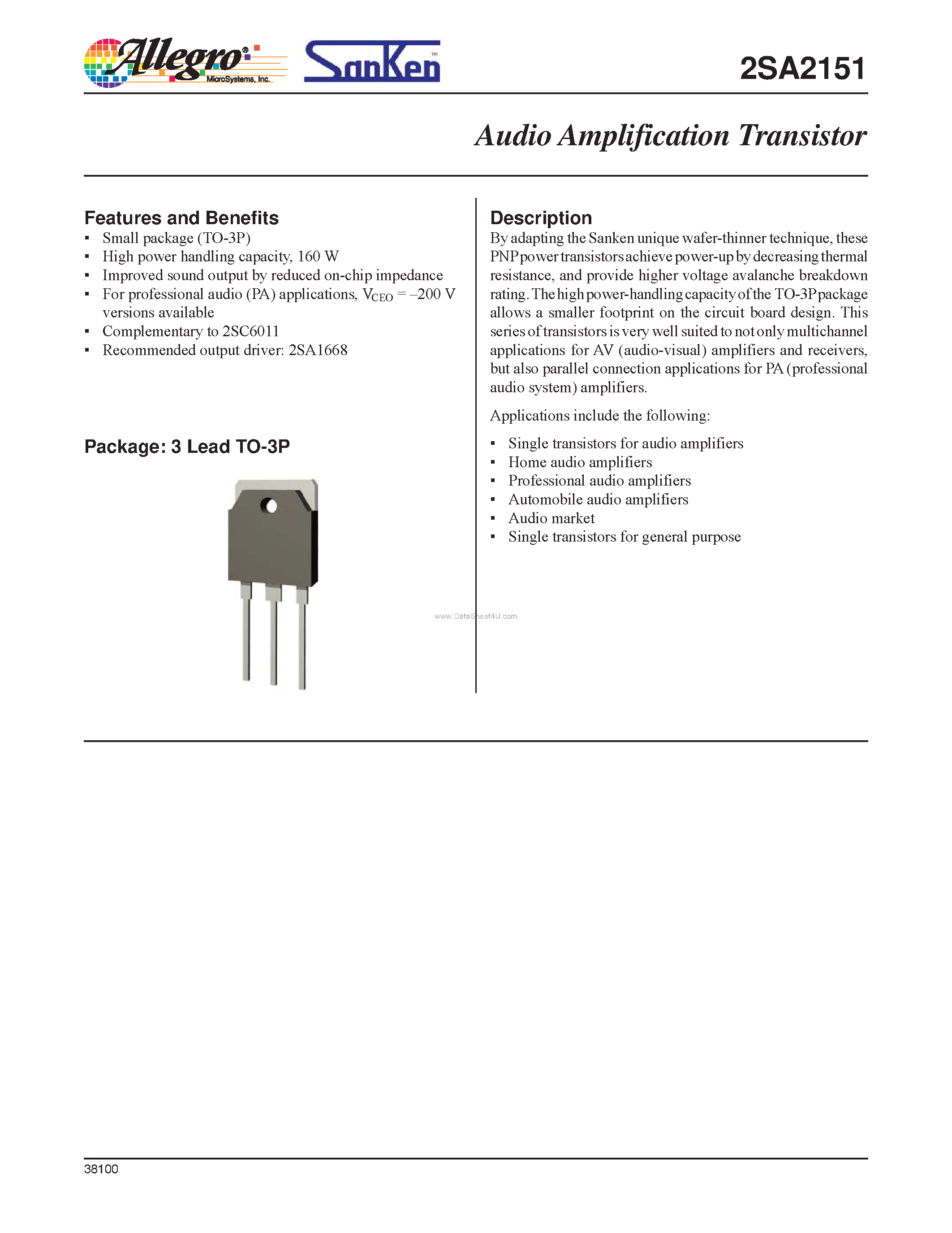 Datasheet 2SA2151 - Audio Amplification Transistor page 1