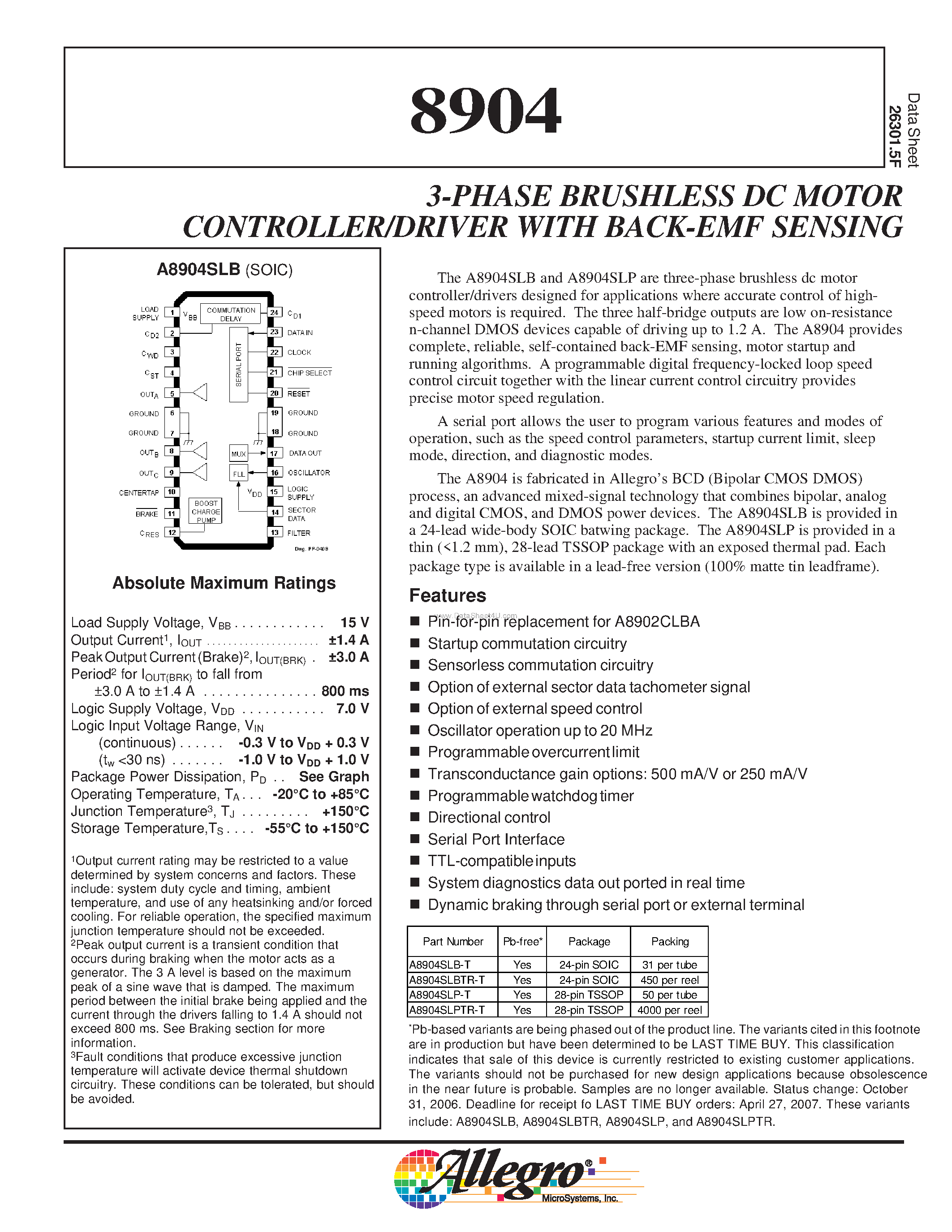 Datasheet 8904 - 3-PHASE BRUSHLESS DC MOTOR CONTROLLER/DRIVER page 1