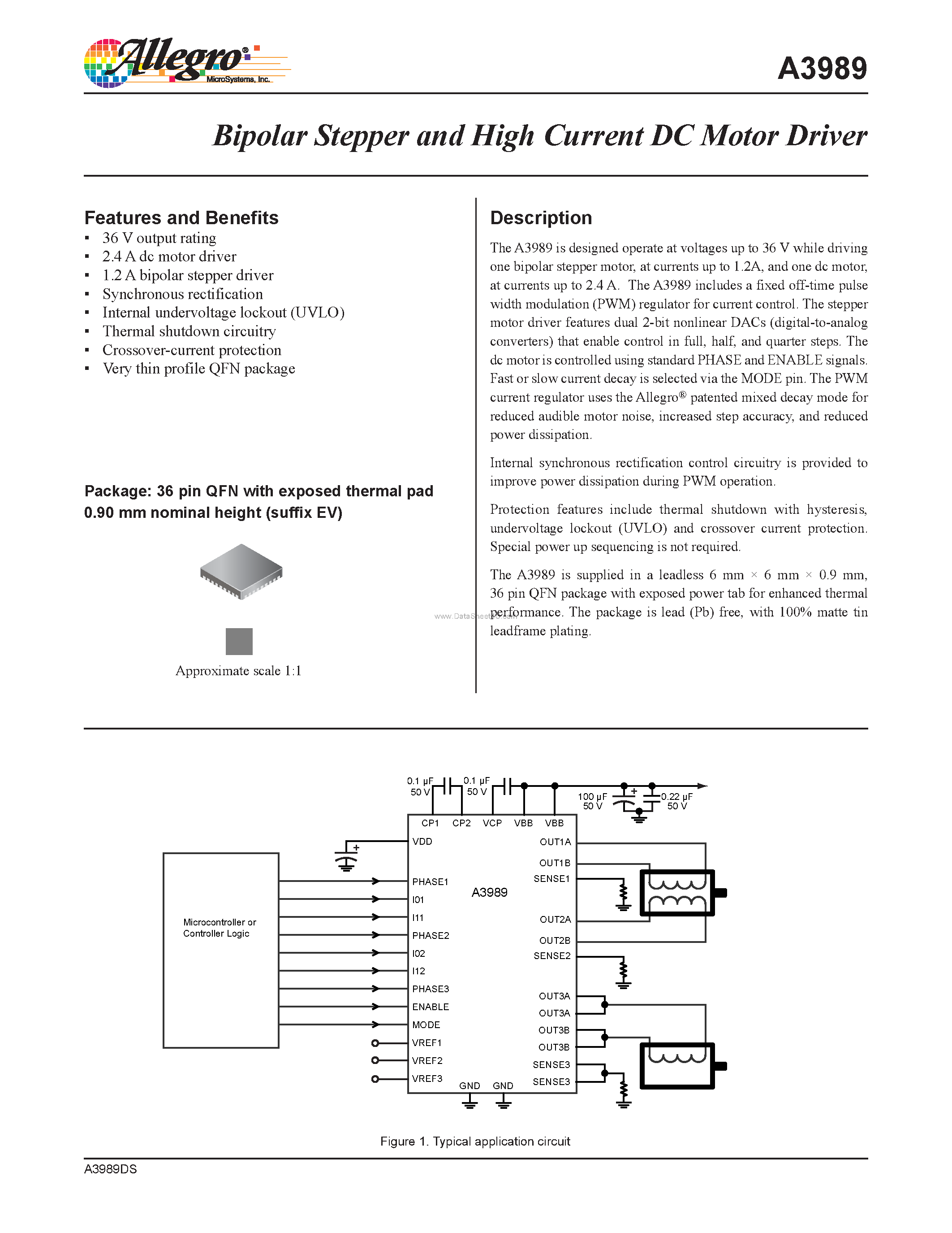 Даташит A3989 - Bipolar Stepper and High Current DC Motor Driver страница 1