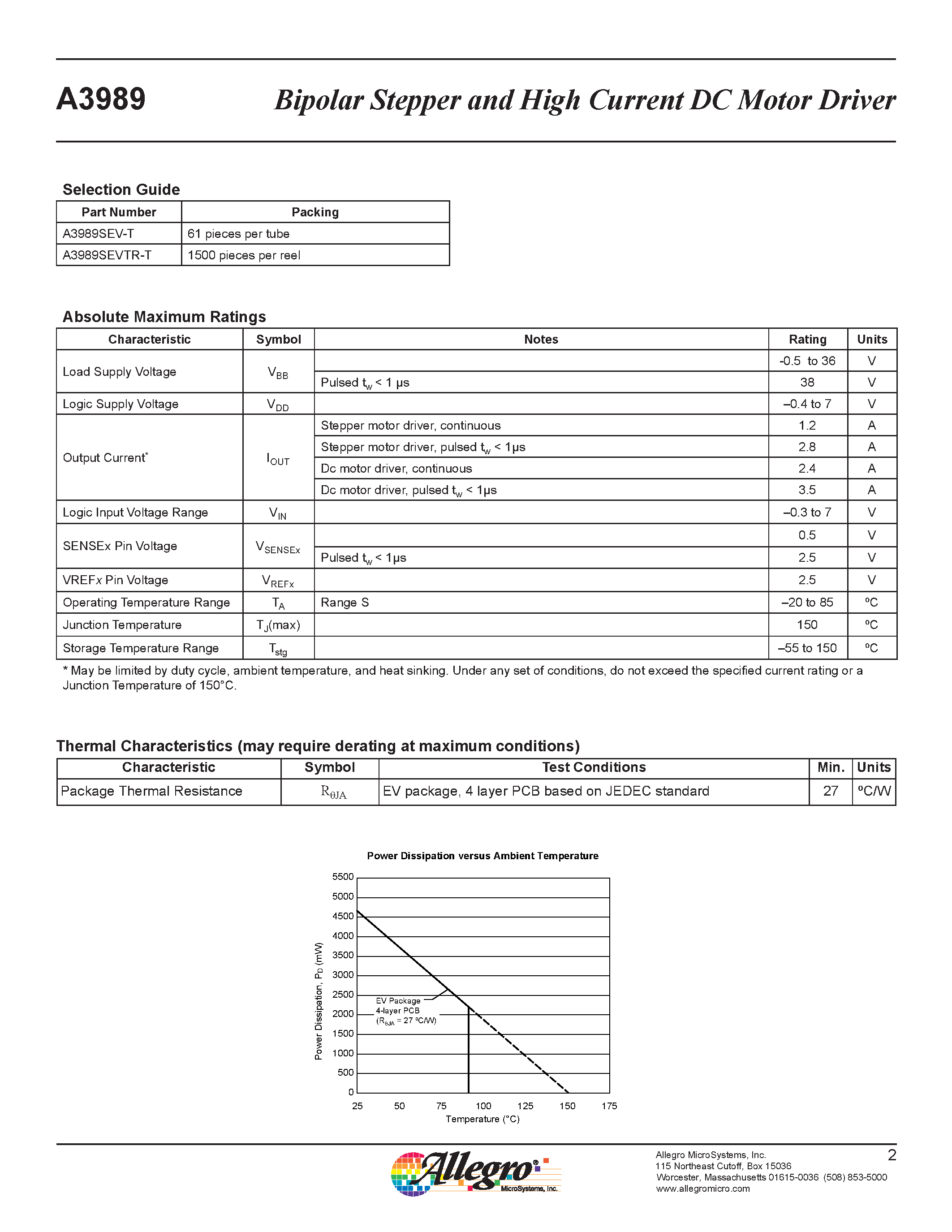Даташит A3989 - Bipolar Stepper and High Current DC Motor Driver страница 2