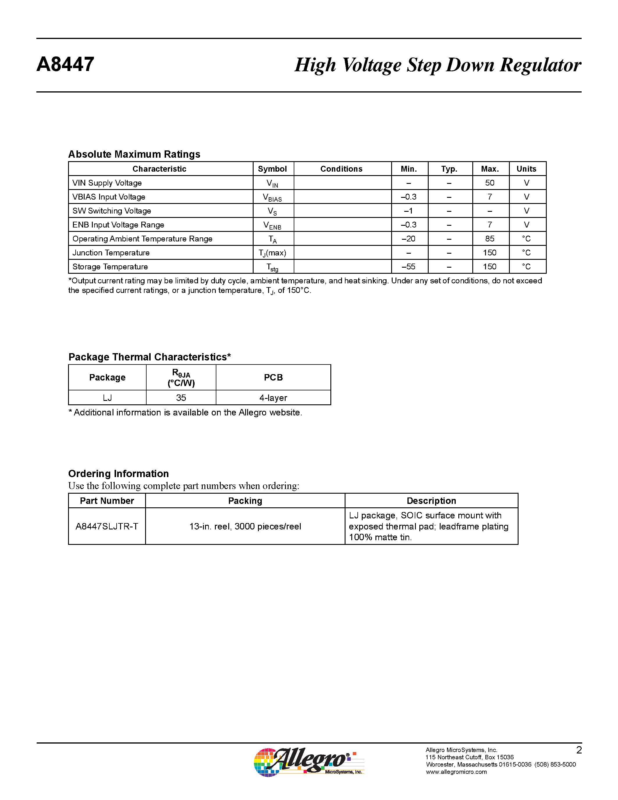 Datasheet A8447 - High Voltage Step Down Regulator page 2