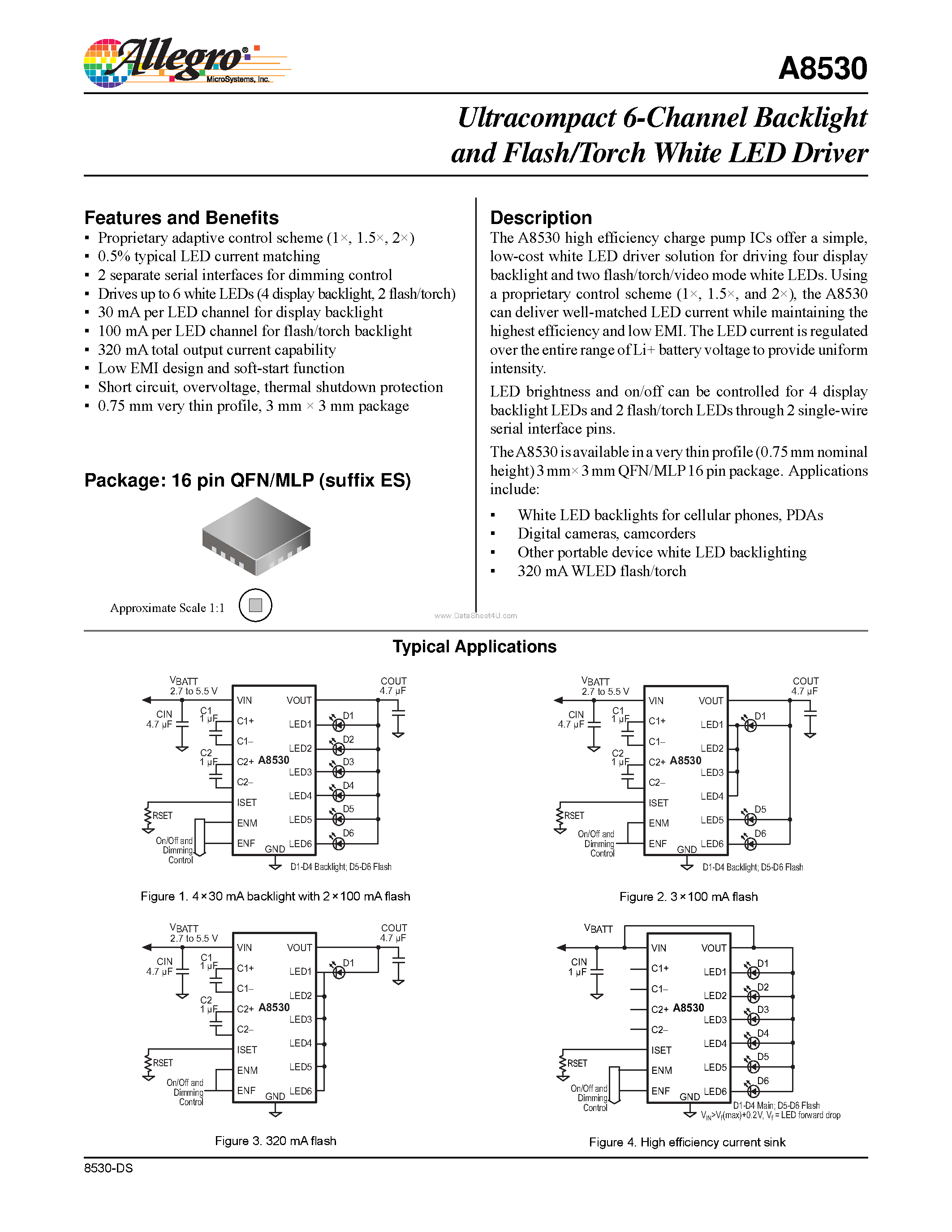 Даташит на микросхему A8530 страница 1 Даташит A8530 - Ultracompact 6-Channel Backlight and Flash/Torch White LED Driver страница 1