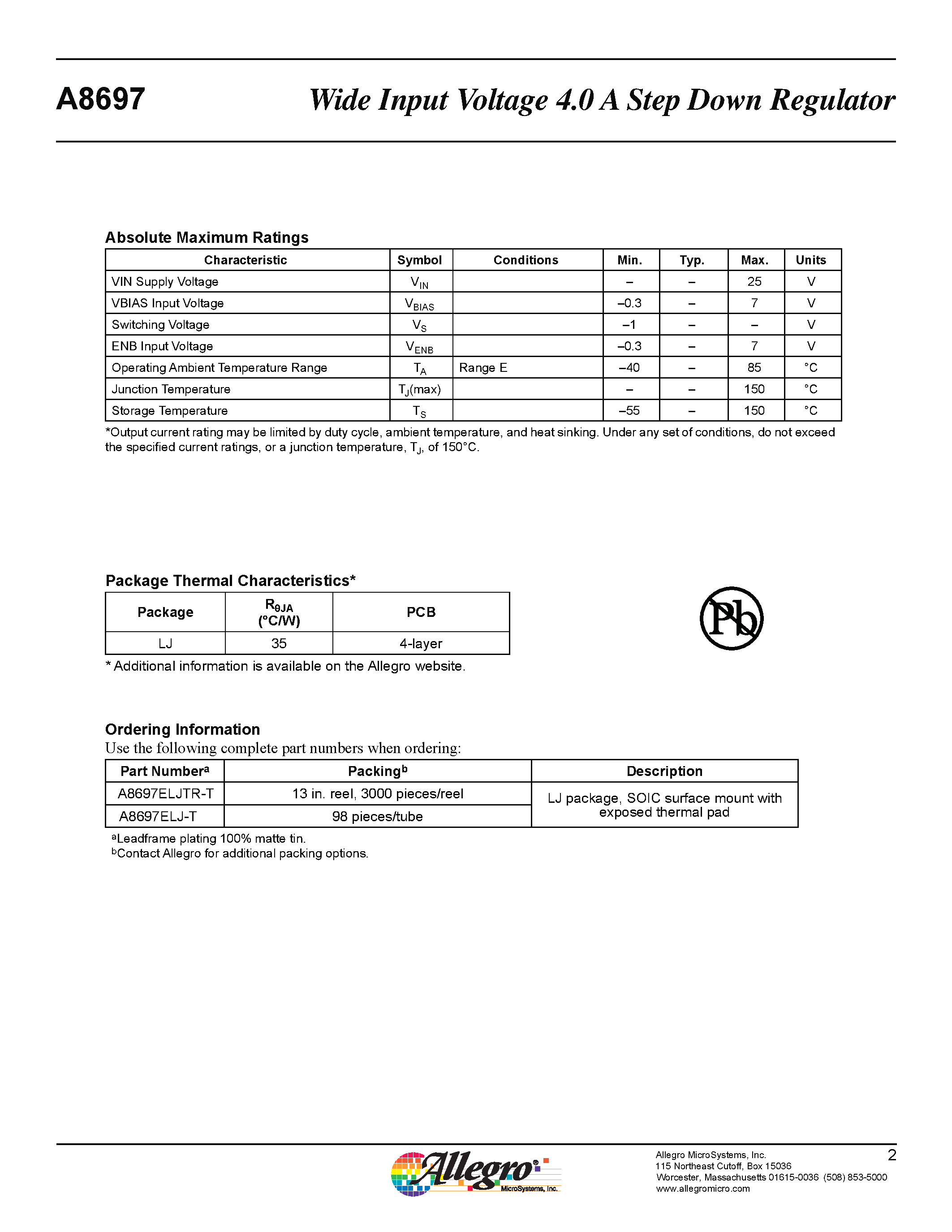 Datasheet A8697 page 2 Datasheet A8697 - Wide Input Voltage 4.0 A Step Down Regulator page 2