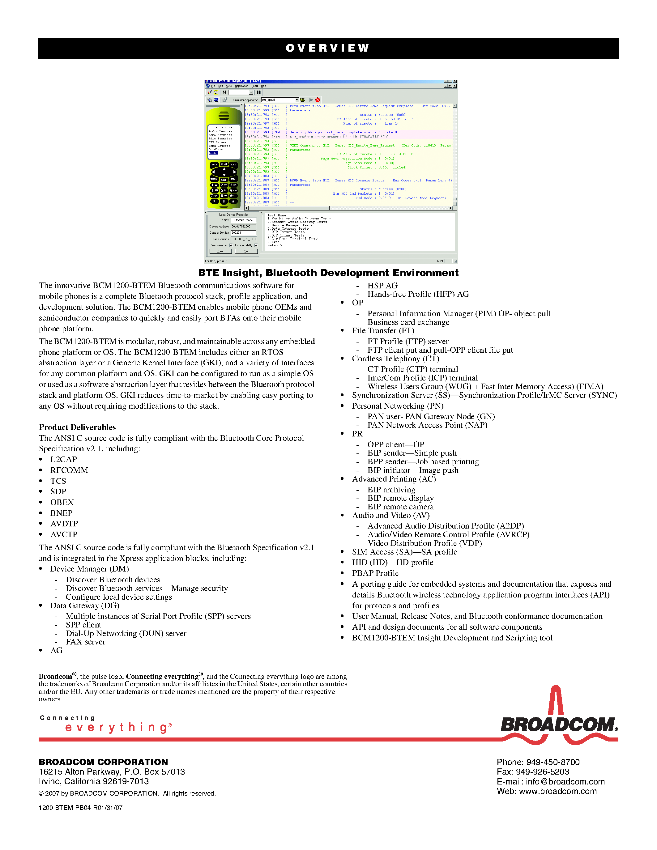 Даташит на микросхему BCM1200-BTEM страница 2 Даташит BCM1200-BTEM - BLUETOOTH V2.1 COMMUNICATIONS SOFTWARE страница 2