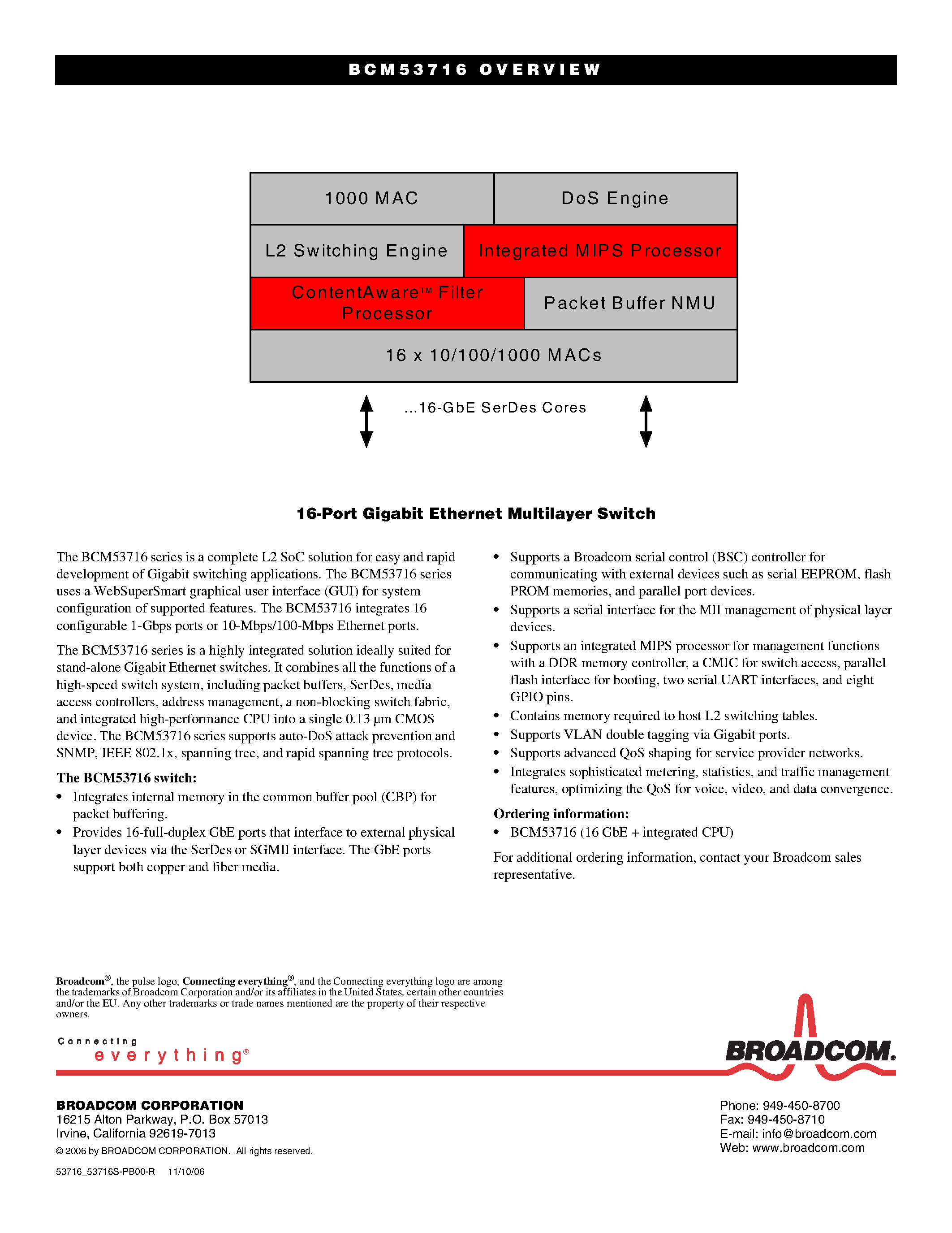 Даташит на микросхему BCM53716 страница 2 Даташит BCM53716 - 16-Port GbE Highly Integrated Multilayer Switch SOC страница 2