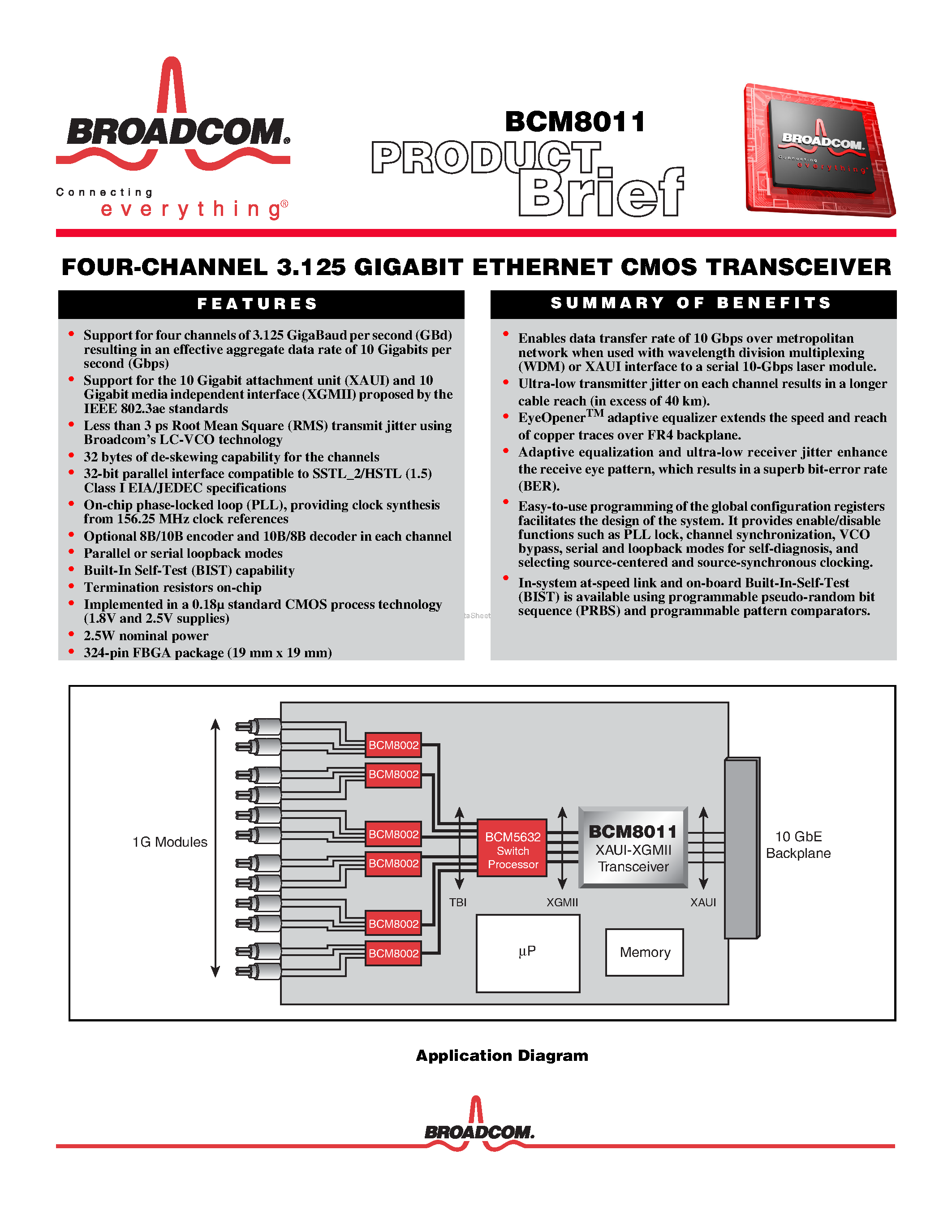 Datasheet BCM8011 page 1 Datasheet BCM8011 - FOUR-CHANNEL 3.125 GIGABIT ETHERNET CMOS TRANSCEIVER page 1