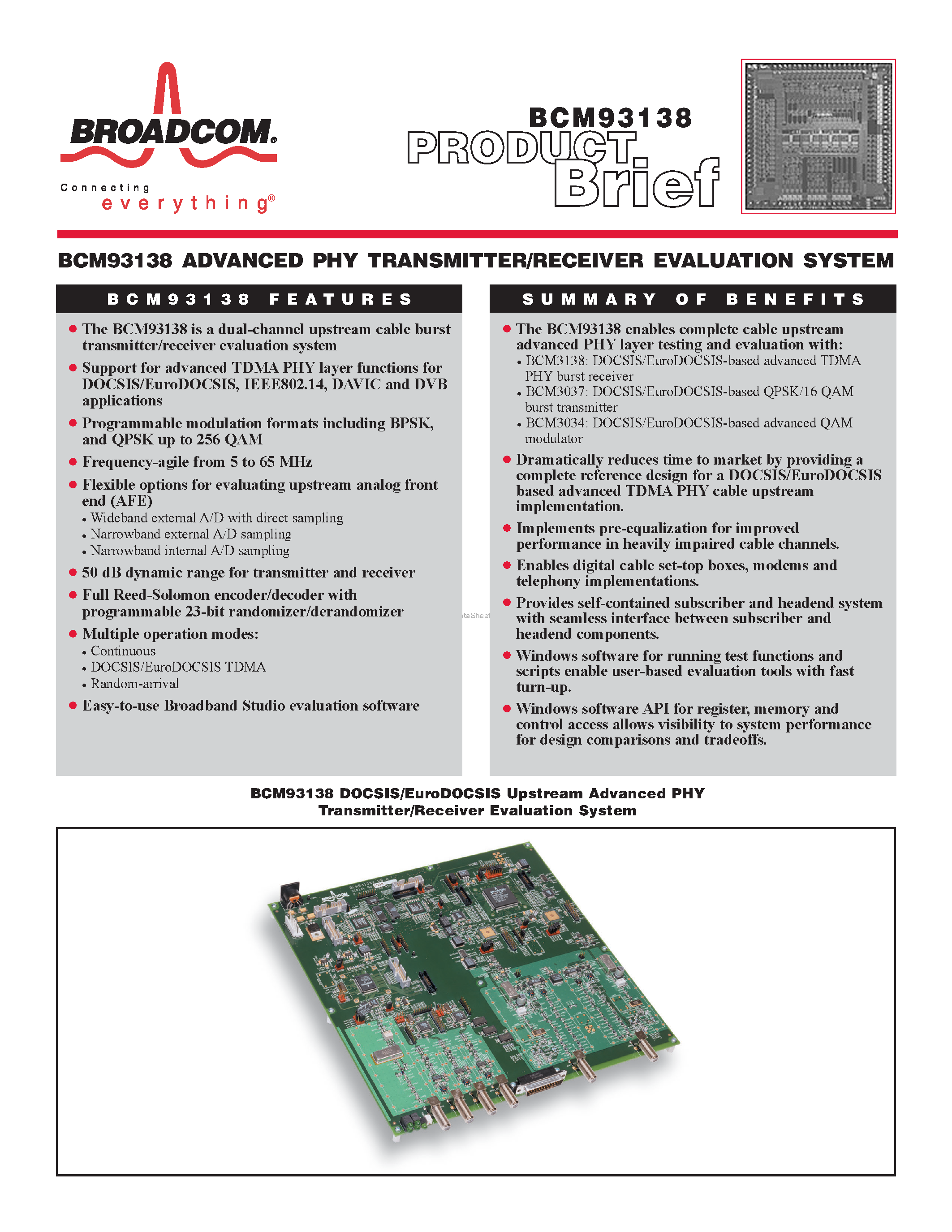 Datasheet BCM93138 - ADVANCED PHY TRANSMITTER/RECEIVER EVALUATION SYSTEM page 1