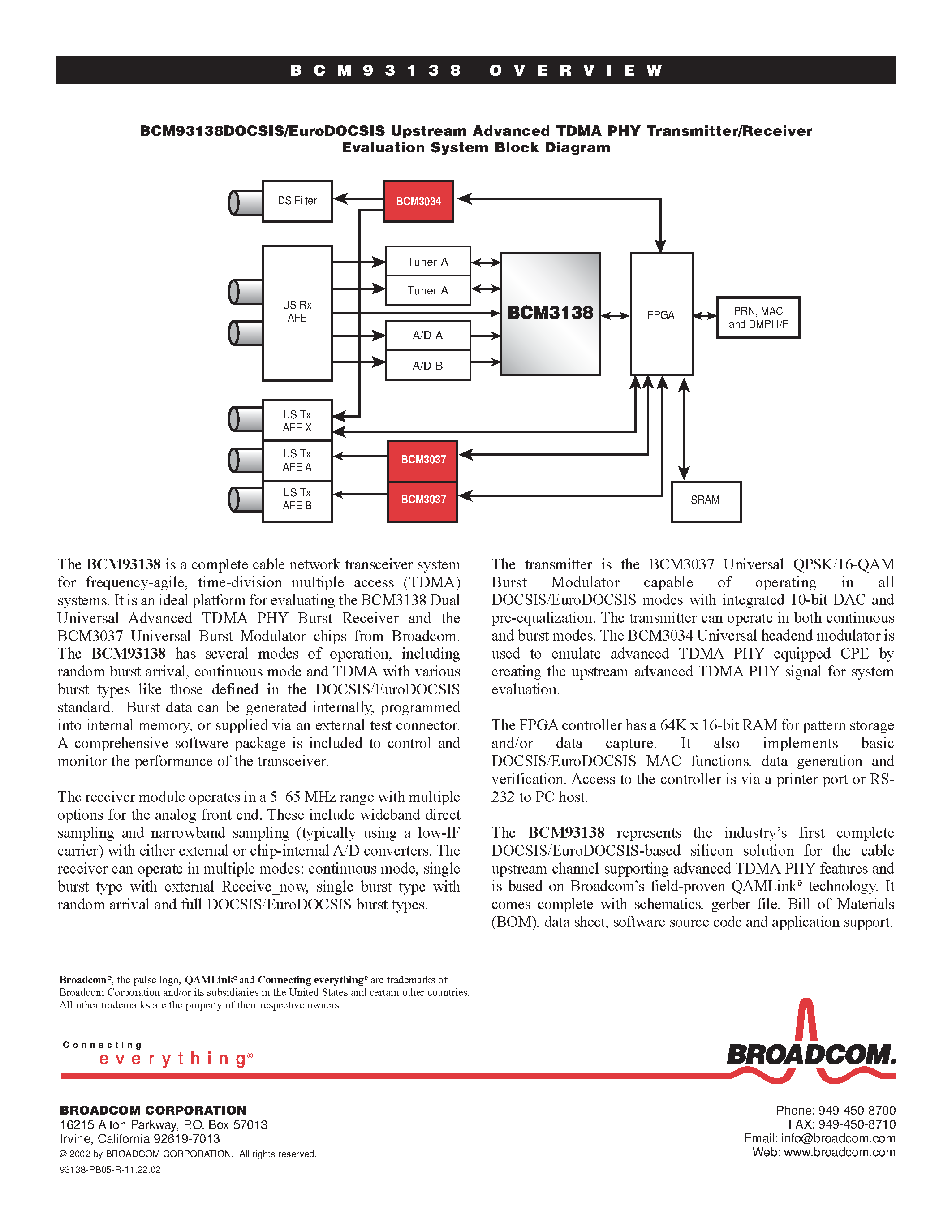 Datasheet BCM93138 - ADVANCED PHY TRANSMITTER/RECEIVER EVALUATION SYSTEM page 2