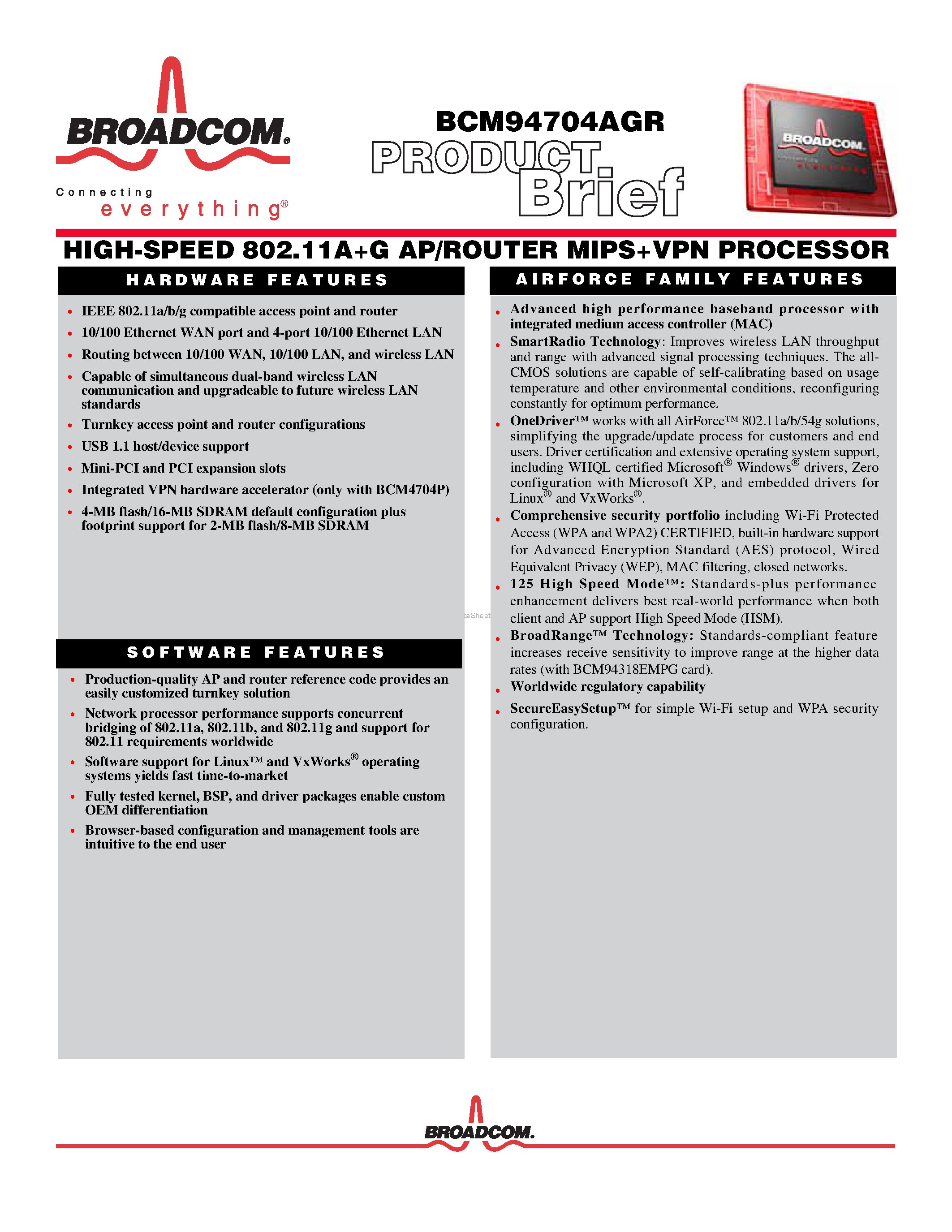 Datasheet BCM94704AGR page 1 Datasheet BCM94704AGR - HIGH-SPEED 802.11A+G AP/ROUTER MIPS+VPN PROCESSOR page 1