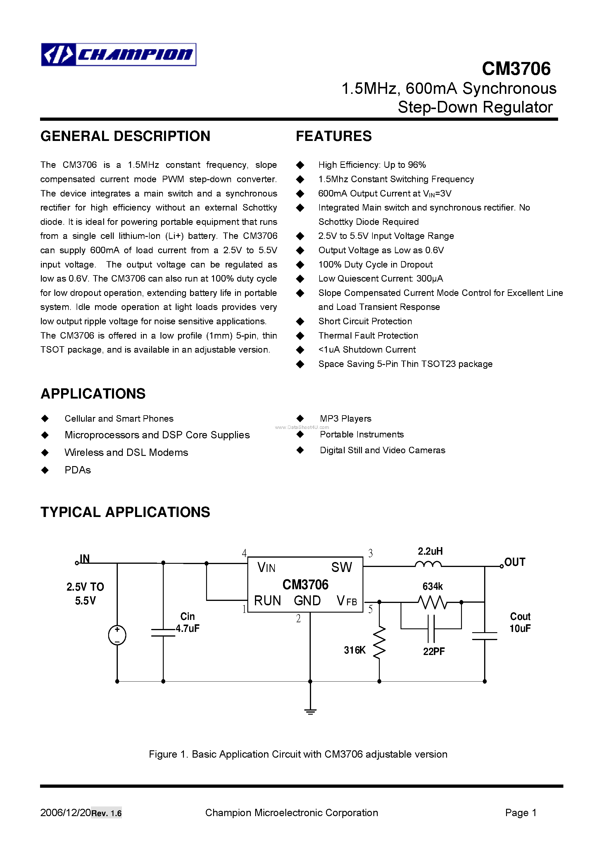 Даташит на микросхему CM3706 страница 1 Даташит CM3706 - Synchronous Step-Down Regulator страница 1