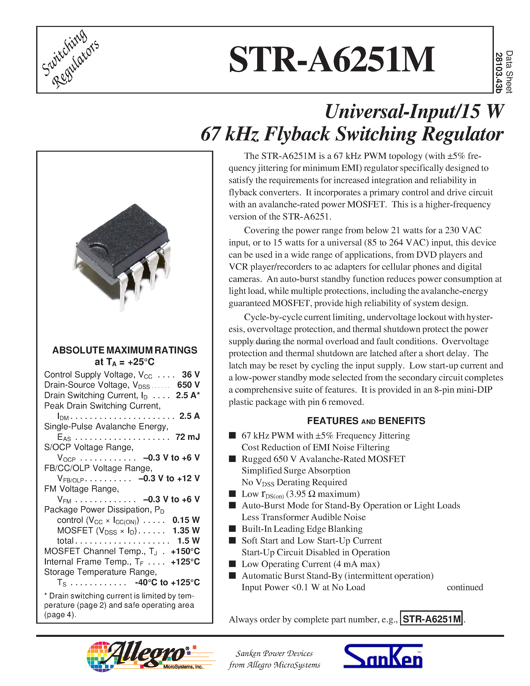 Даташит STRA6251M - Universal-Input/15 W 67 kHz Flyback Switching Regulator страница 1