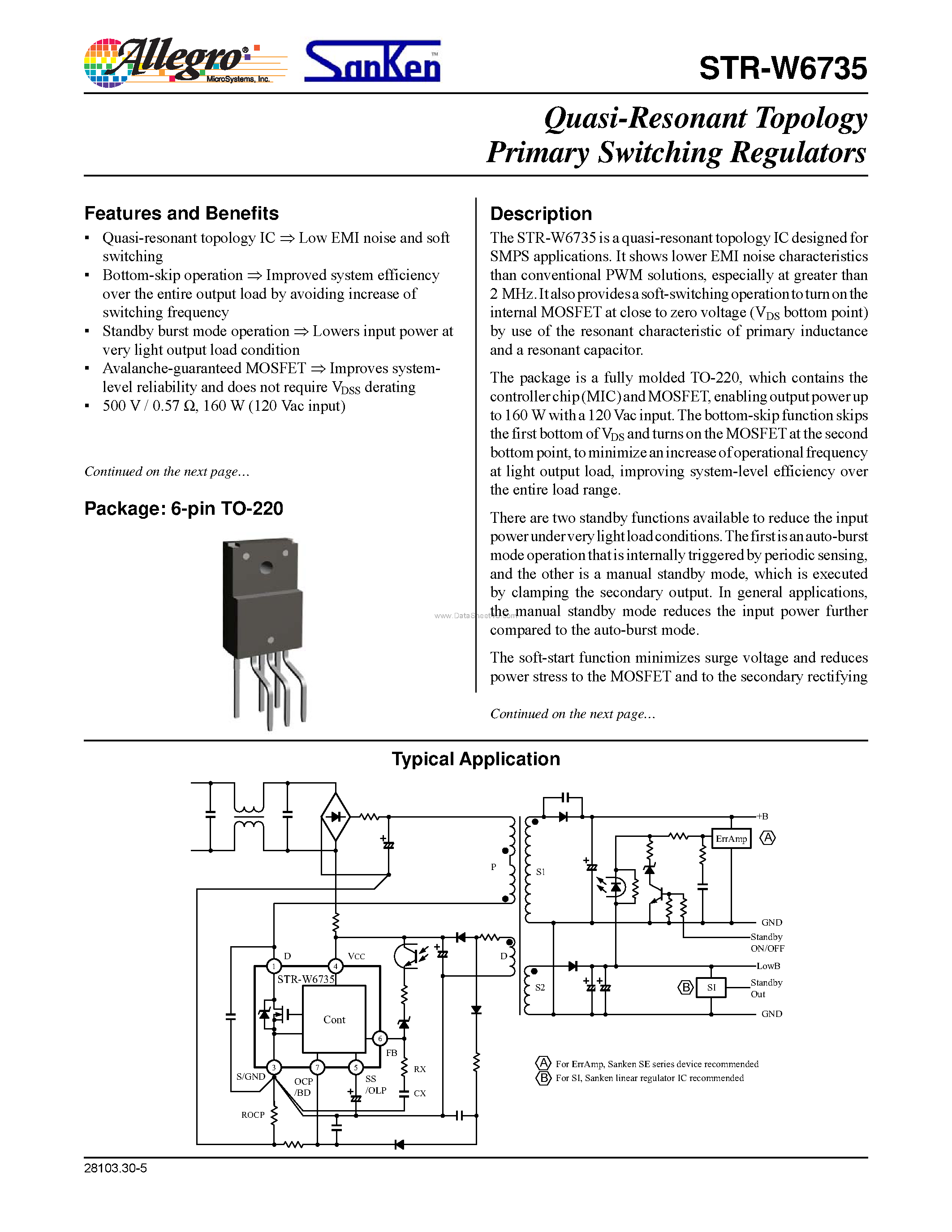 Даташит на микросхему STR-W6735 страница 1 Даташит STR-W6735 - Quasi-Resonant Topology Primary Switching Regulators страница 1