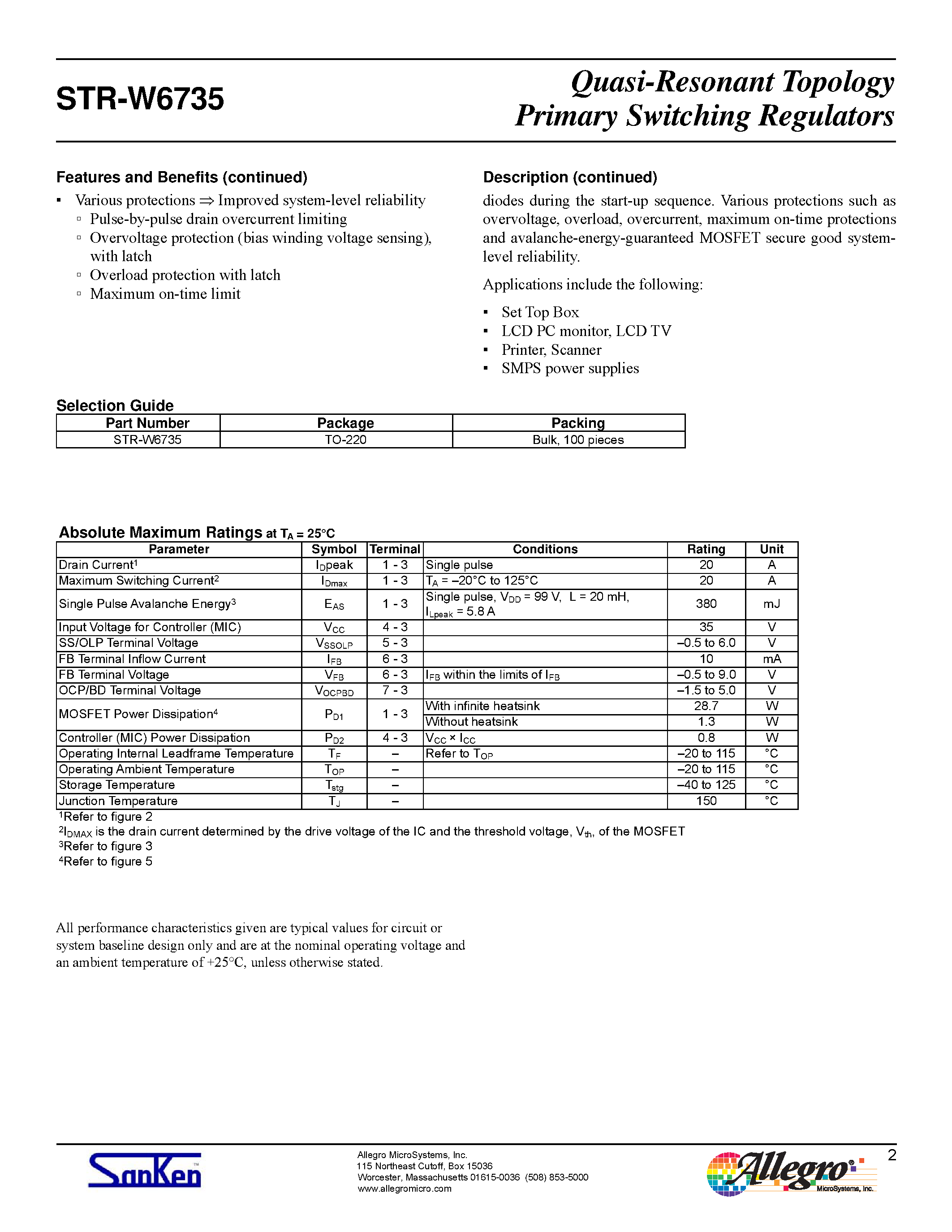 Даташит на микросхему STR-W6735 страница 2 Даташит STR-W6735 - Quasi-Resonant Topology Primary Switching Regulators страница 2