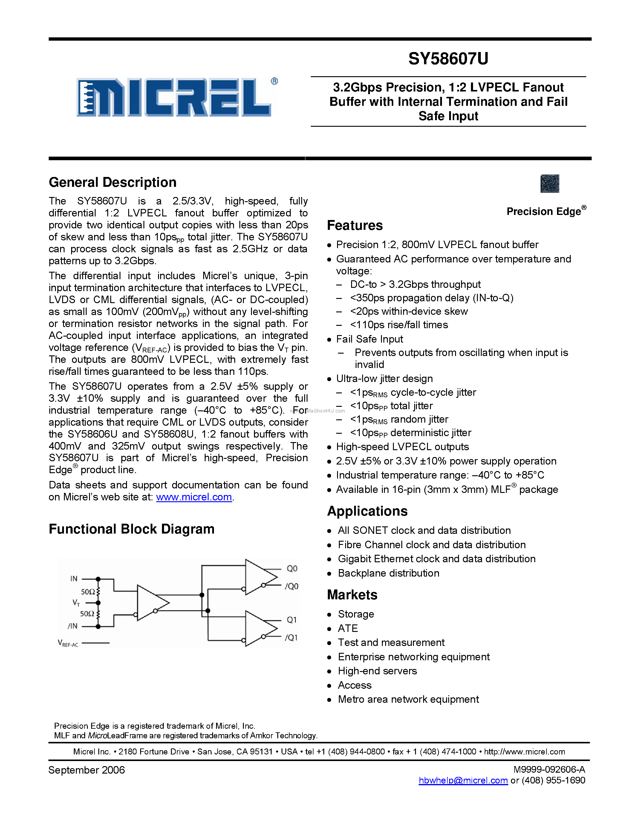 Даташит на микросхему SY58607U страница 1 Даташит SY58607U - 1:2 LVPECL Fanout Buffer страница 1