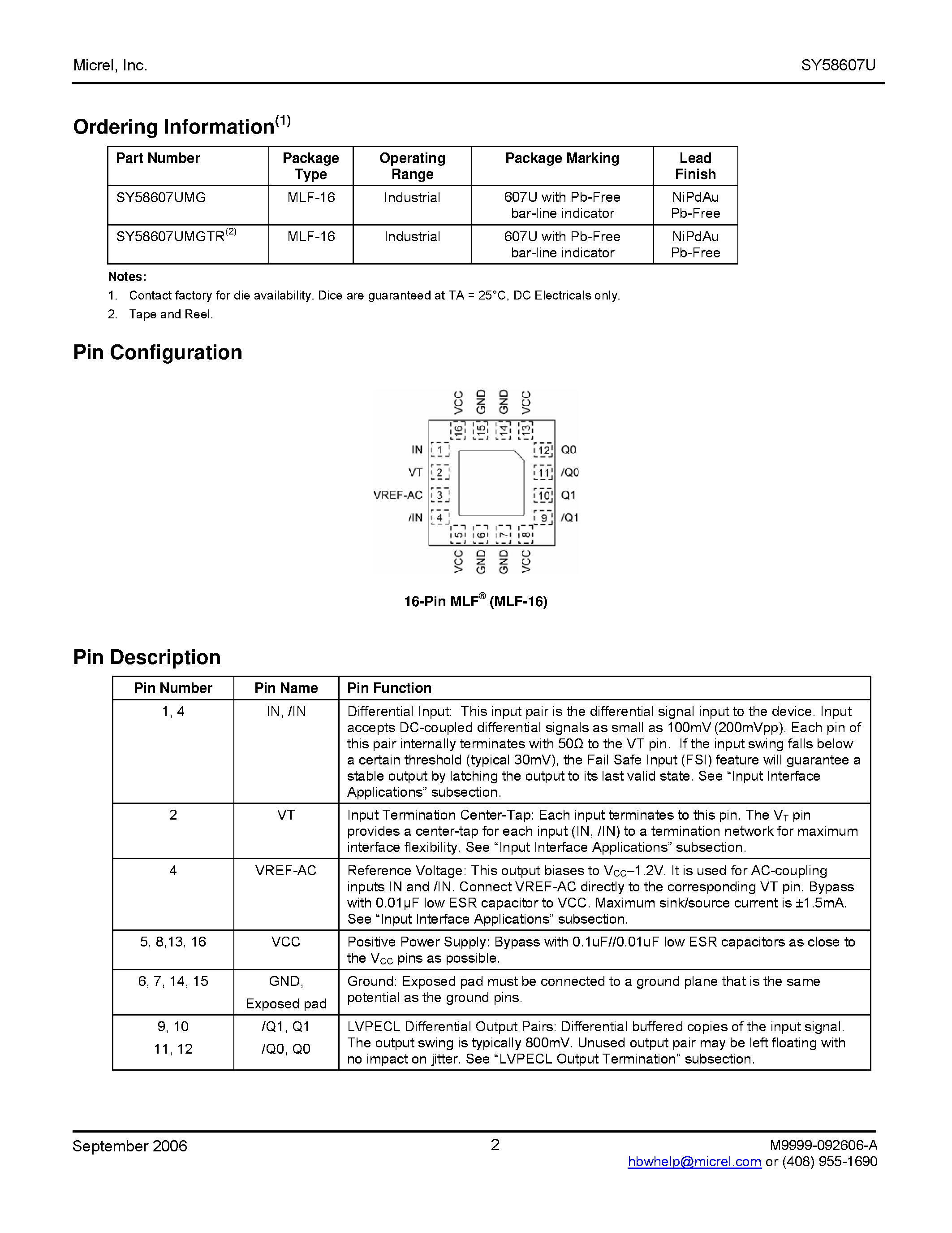 Даташит на микросхему SY58607U страница 2 Даташит SY58607U - 1:2 LVPECL Fanout Buffer страница 2