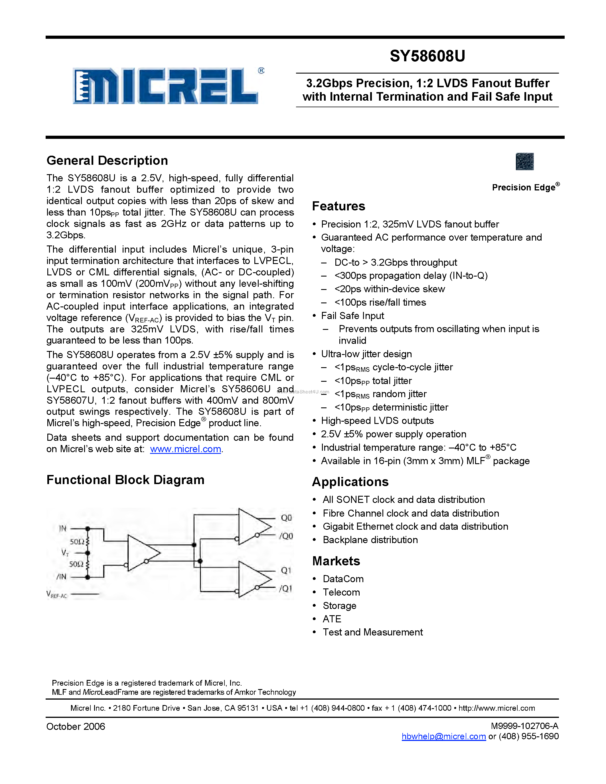 Даташит на микросхему SY58608U страница 1 Даташит SY58608U - 1:2 LVDS Fanout Buffer страница 1