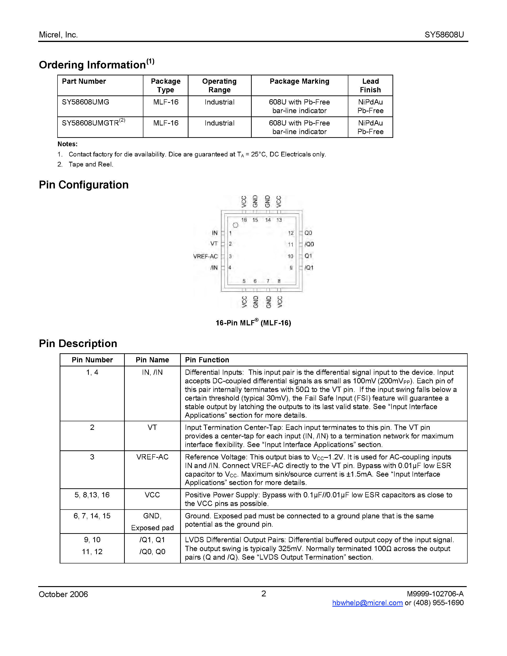 Datasheet SY58608U - 1:2 LVDS Fanout Buffer page 2