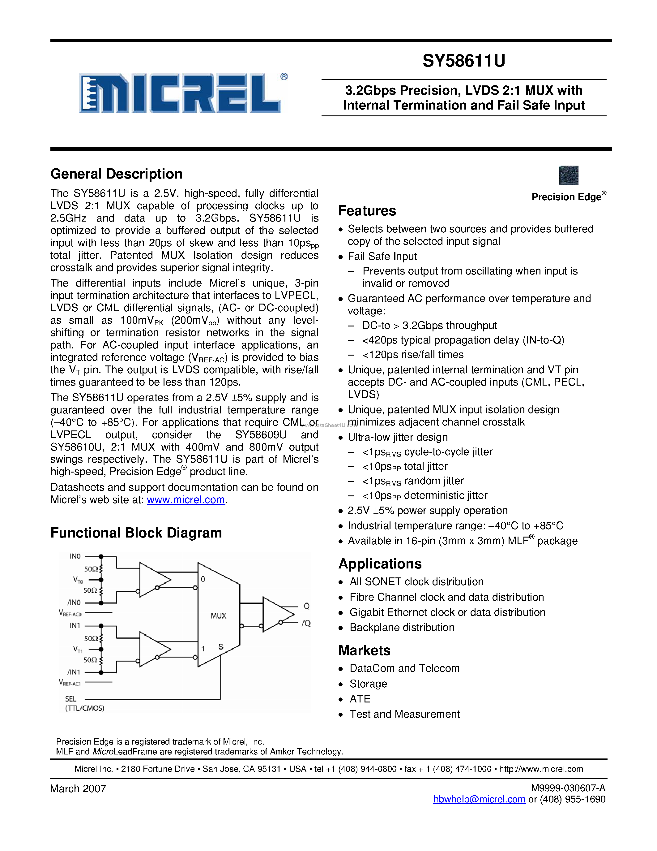 Datasheet SY58611U - LVDS 2:1 MUX page 1