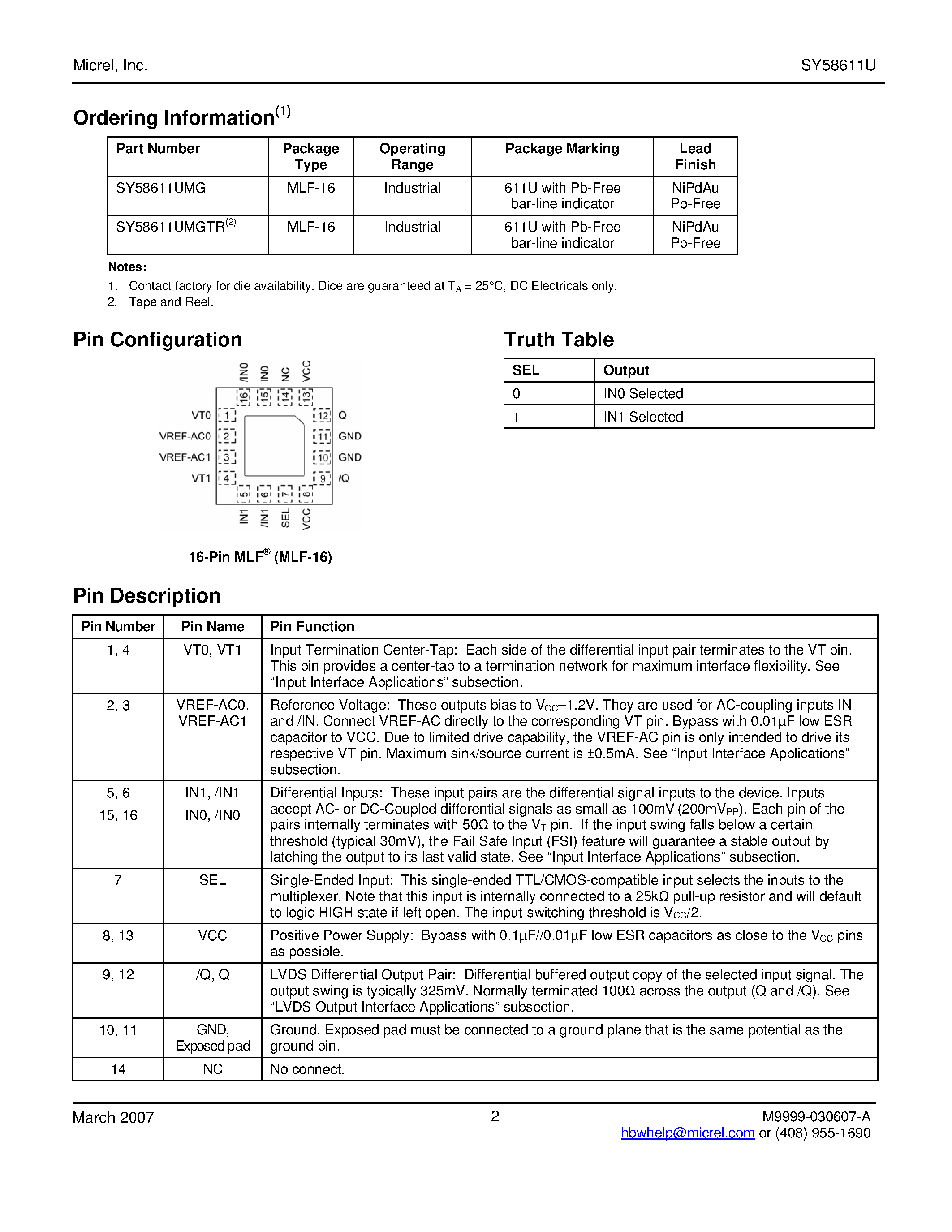 Datasheet SY58611U - LVDS 2:1 MUX page 2