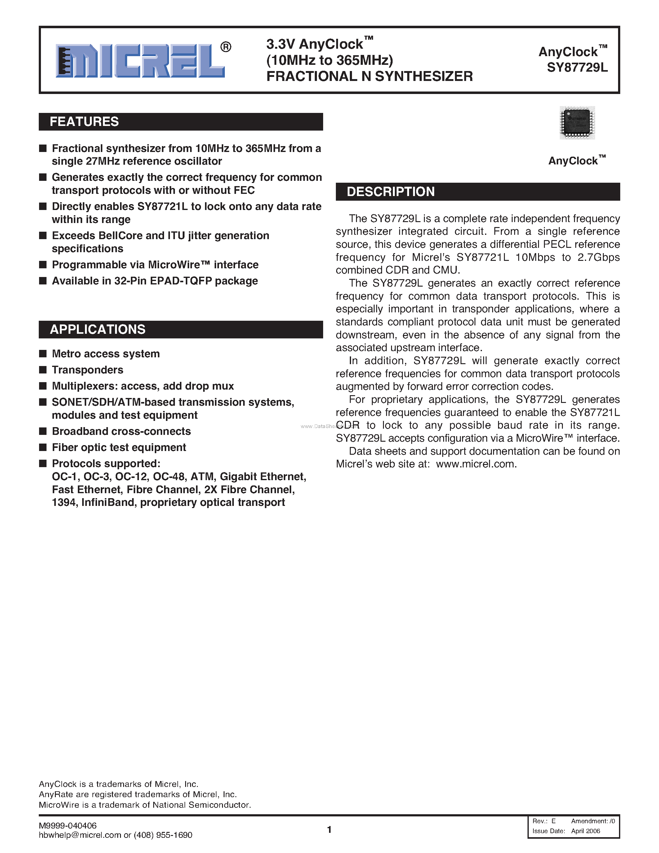 Datasheet SY87729L - AnyClock FRACTIONAL N SYNTHESIZER page 1