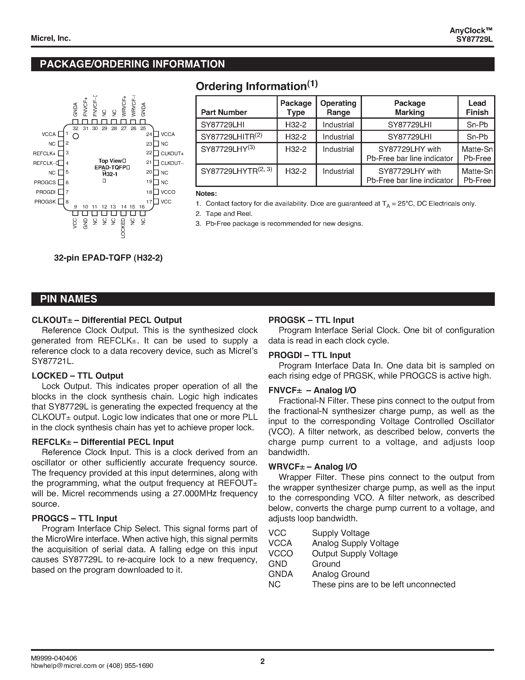 Datasheet SY87729L - AnyClock FRACTIONAL N SYNTHESIZER page 2