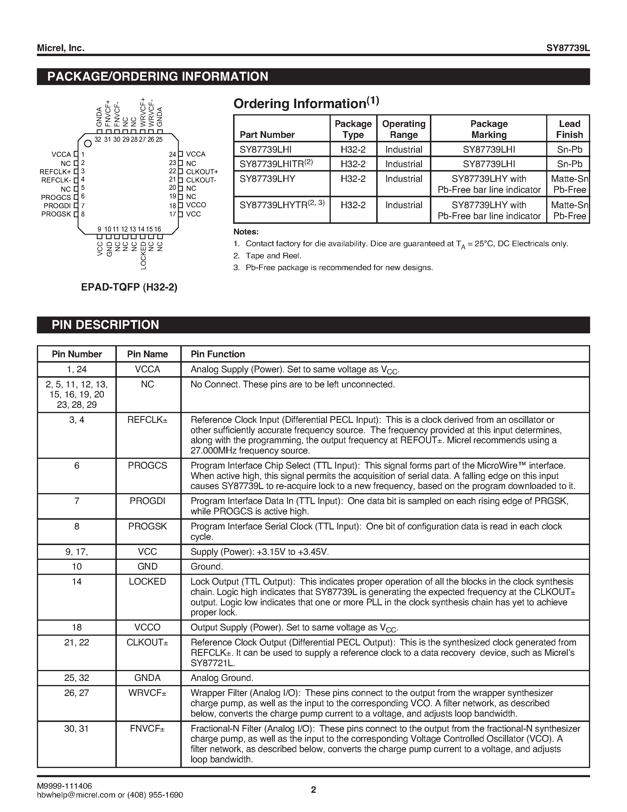 Datasheet SY87739L page 2 Datasheet SY87739L - PROTOCOL TRANSPARENT 3.3V 10MHz to 729MHz FRACTIONAL-N SYNTHESIZER page 2