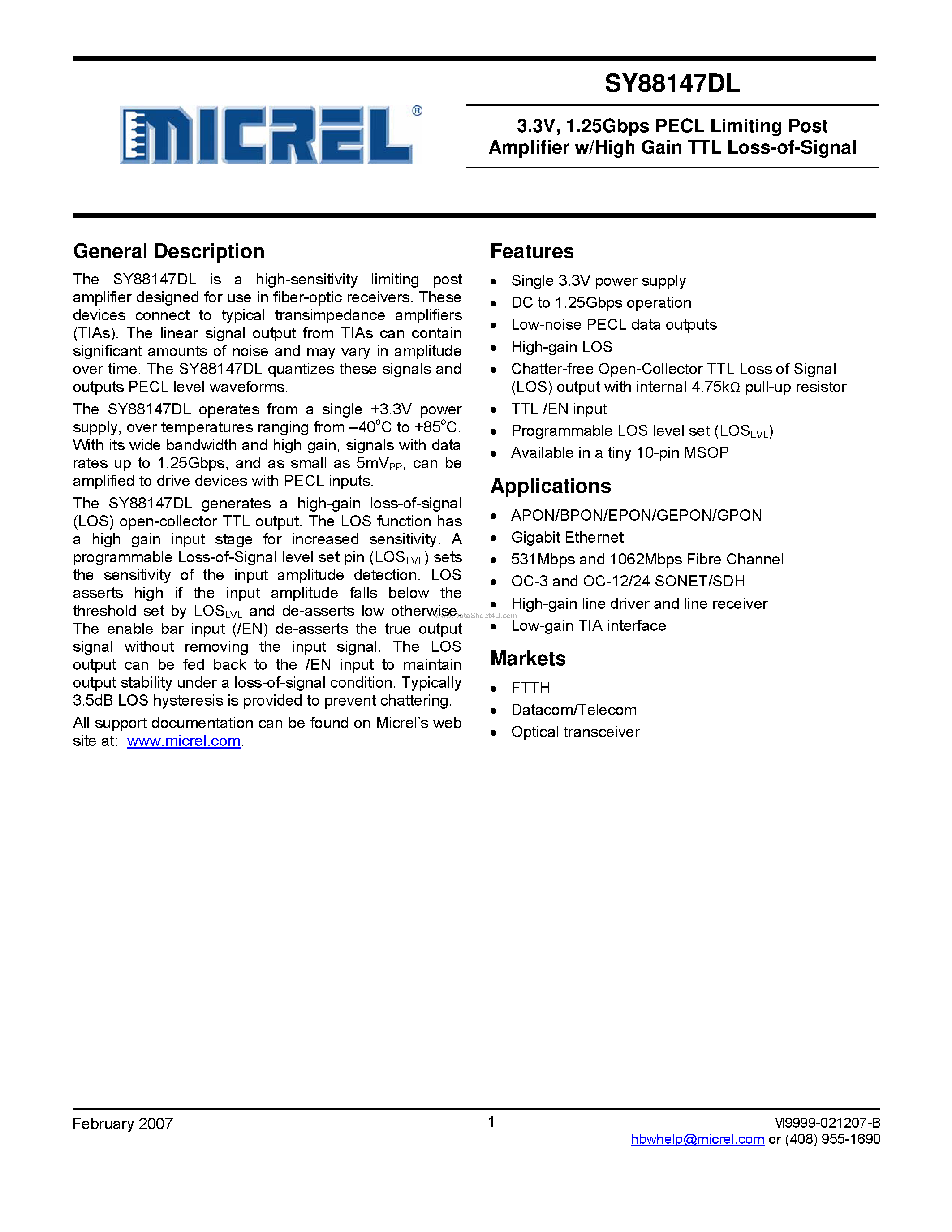 Даташит SY88147DL - PECL Limiting Post Amplifier w/High Gain TTL Loss-of-Signal страница 1