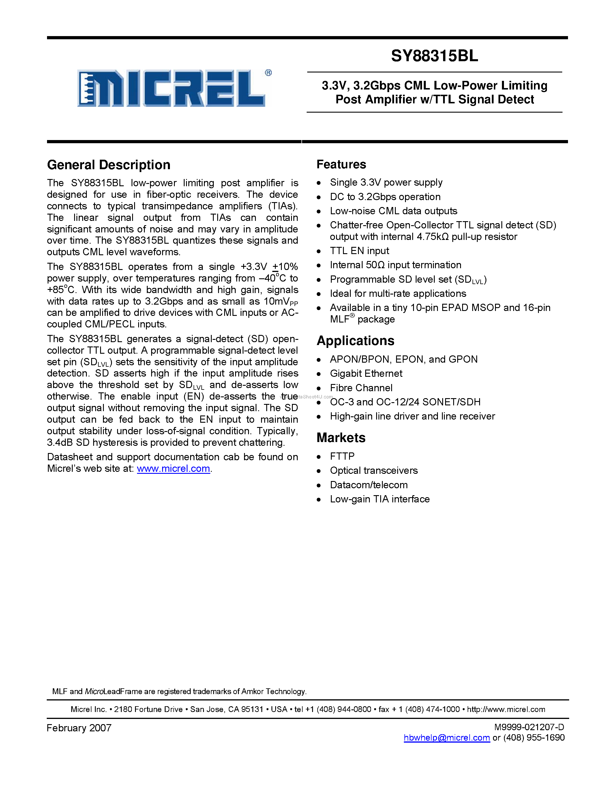 Datasheet SY88315BL page 1 Datasheet SY88315BL - CML Low-Power Limiting Post Amplifier w/TTL Signal Detect page 1