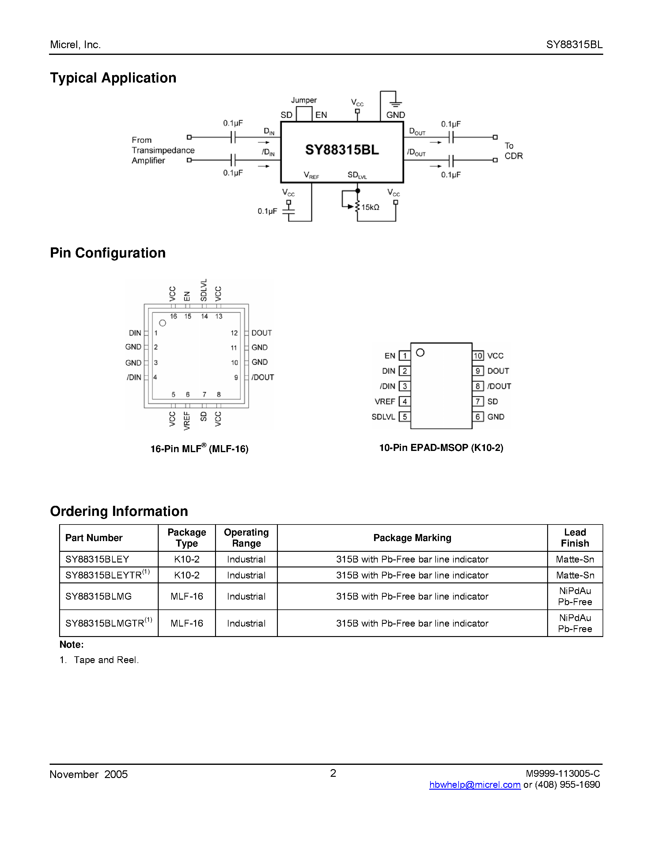 Datasheet SY88315BL page 2 Datasheet SY88315BL - CML Low-Power Limiting Post Amplifier w/TTL Signal Detect page 2