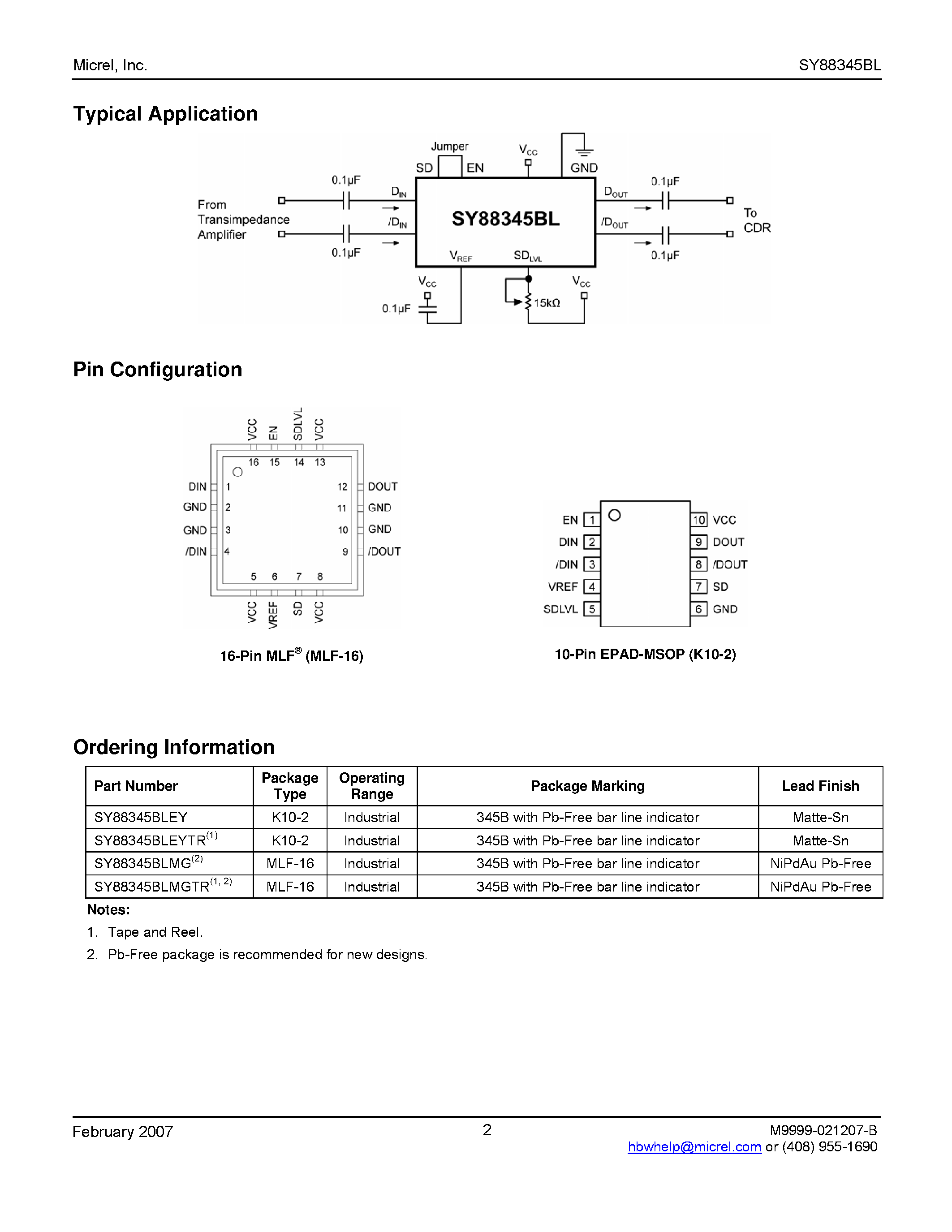 Даташит SY88345BL - CML Low-Power Limiting Post Amplifier w/ High-Gain TTL Signal Detect страница 2