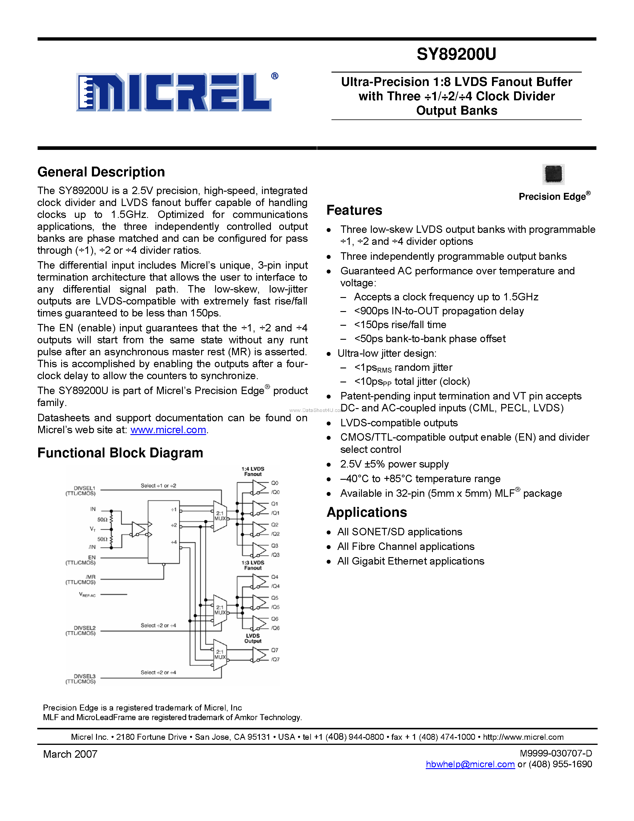 Даташит на микросхему SY89200U страница 1 Даташит SY89200U - Ultra-Precision 1:8 LVDS Fanout Buffer страница 1