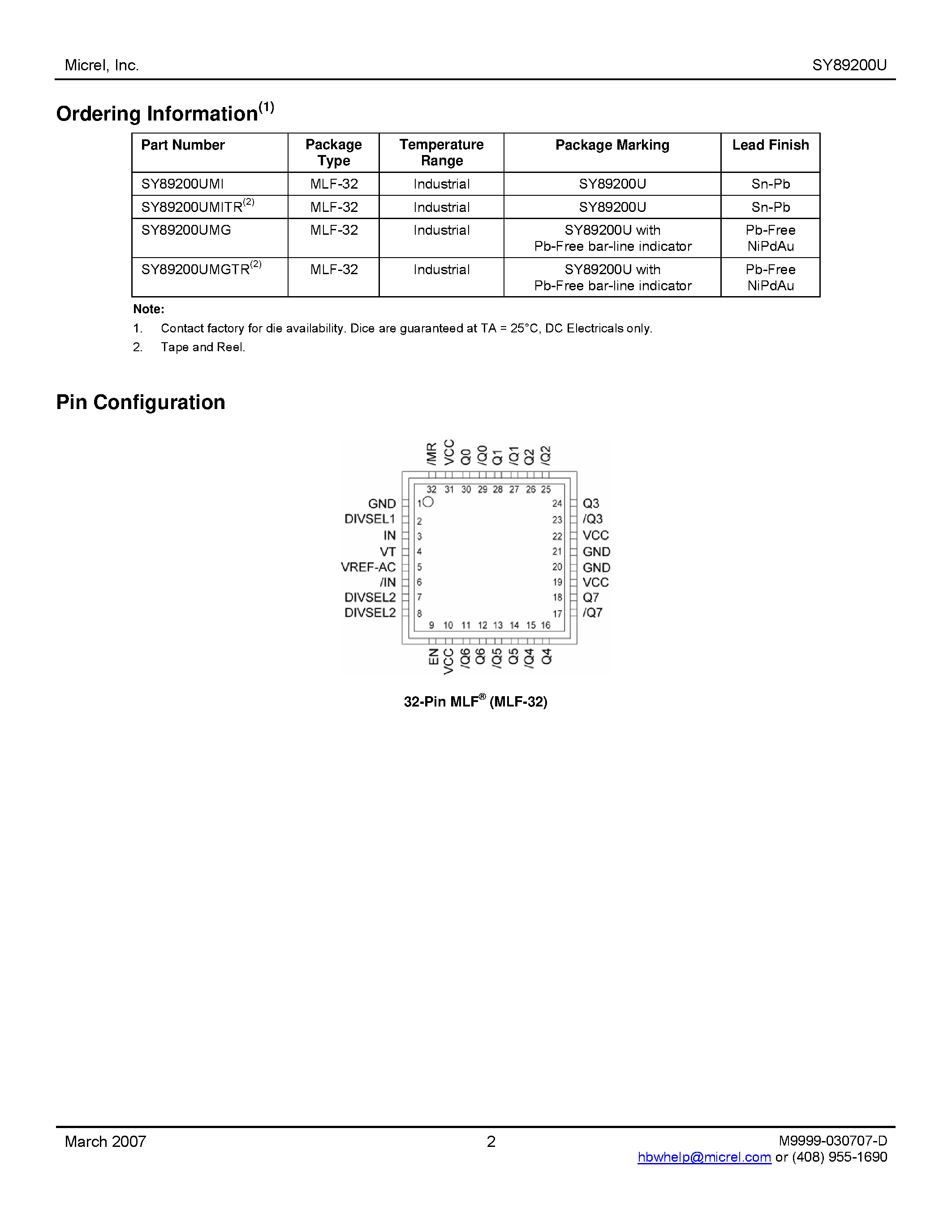 Datasheet SY89200U - Ultra-Precision 1:8 LVDS Fanout Buffer page 2