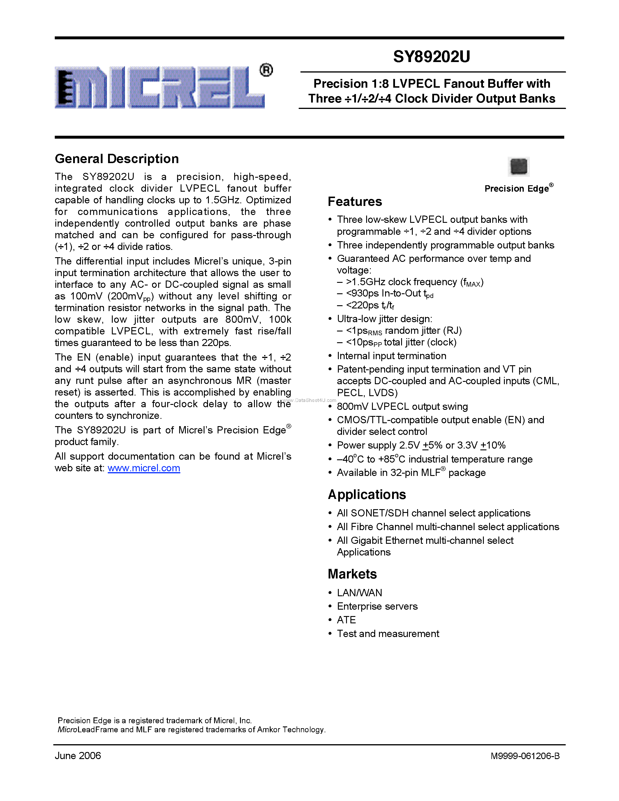 Даташит на микросхему SY89202U страница 1 Даташит SY89202U - Precision 1:8 LVPECL Fanout Buffer страница 1