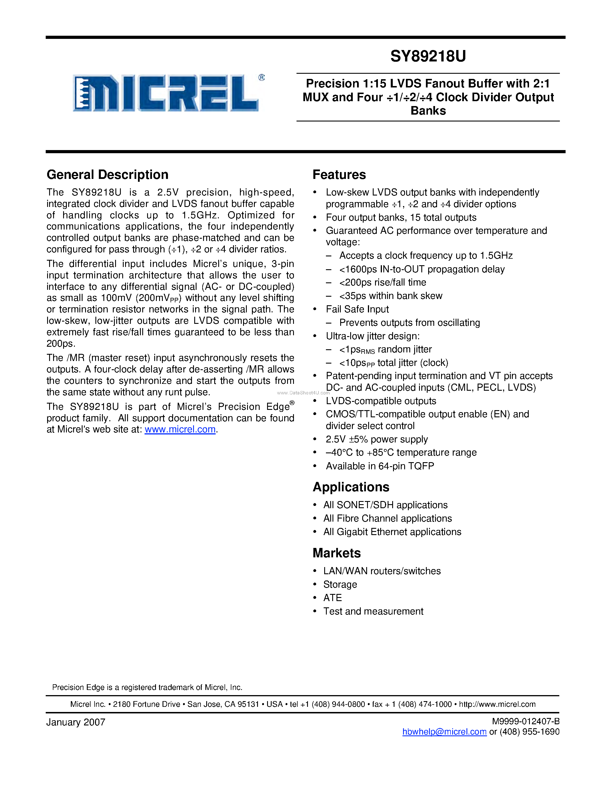 Даташит на микросхему SY89218U страница 1 Даташит SY89218U - Precision 1:15 LVDS Fanout Buffer страница 1
