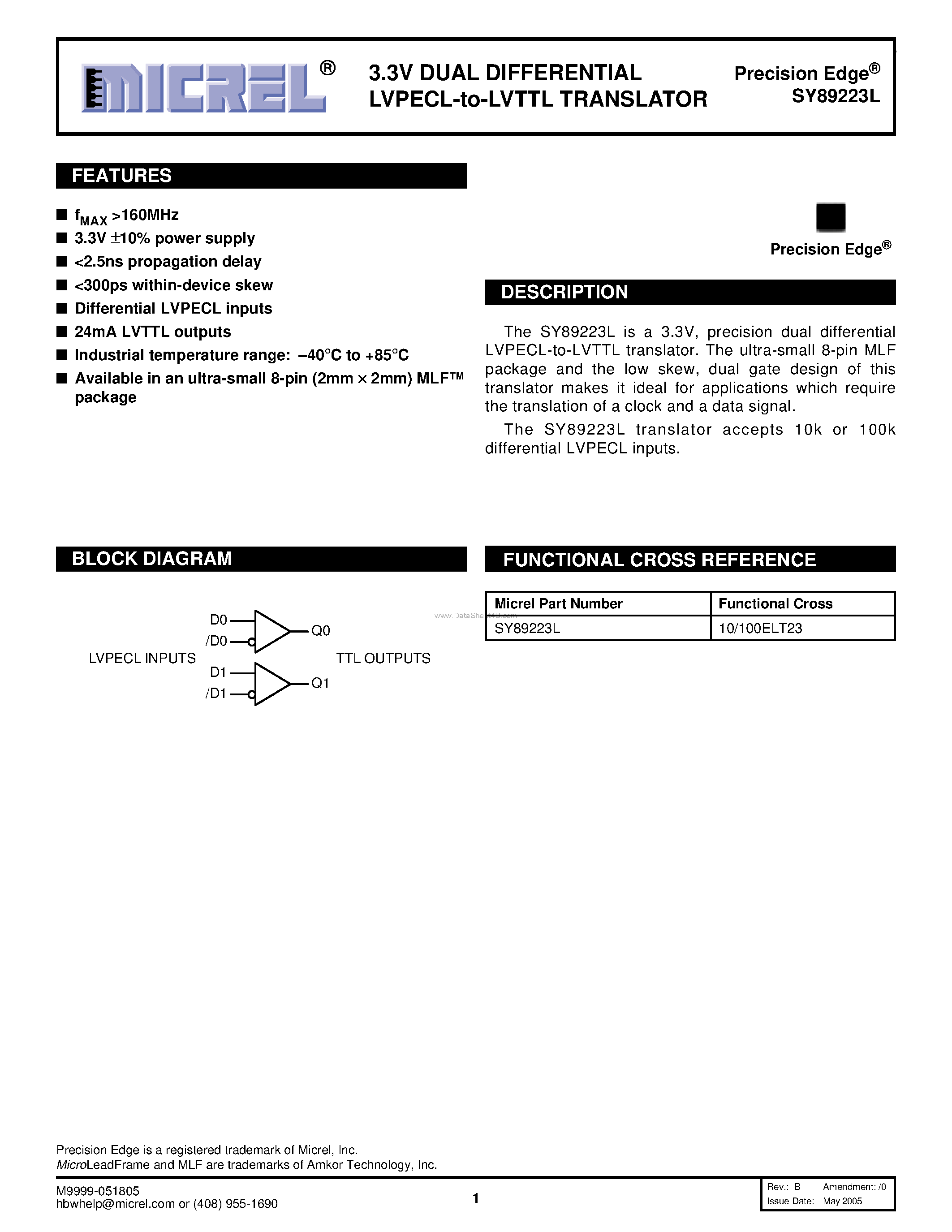Datasheet SY89223L - 3.3V DUAL DIFFERENTIAL LVPECL-to-LVTTL TRANSLATOR page 1