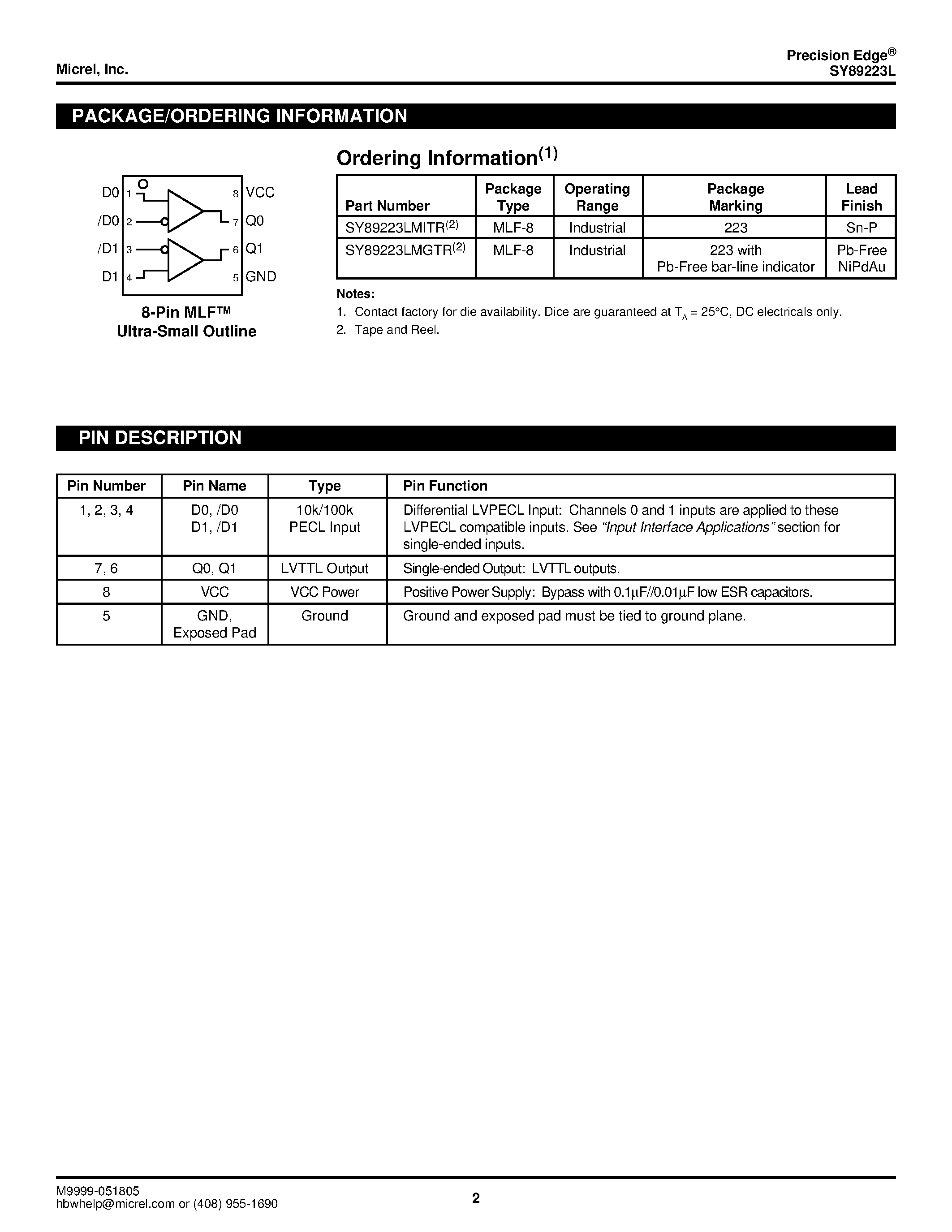 Datasheet SY89223L - 3.3V DUAL DIFFERENTIAL LVPECL-to-LVTTL TRANSLATOR page 2