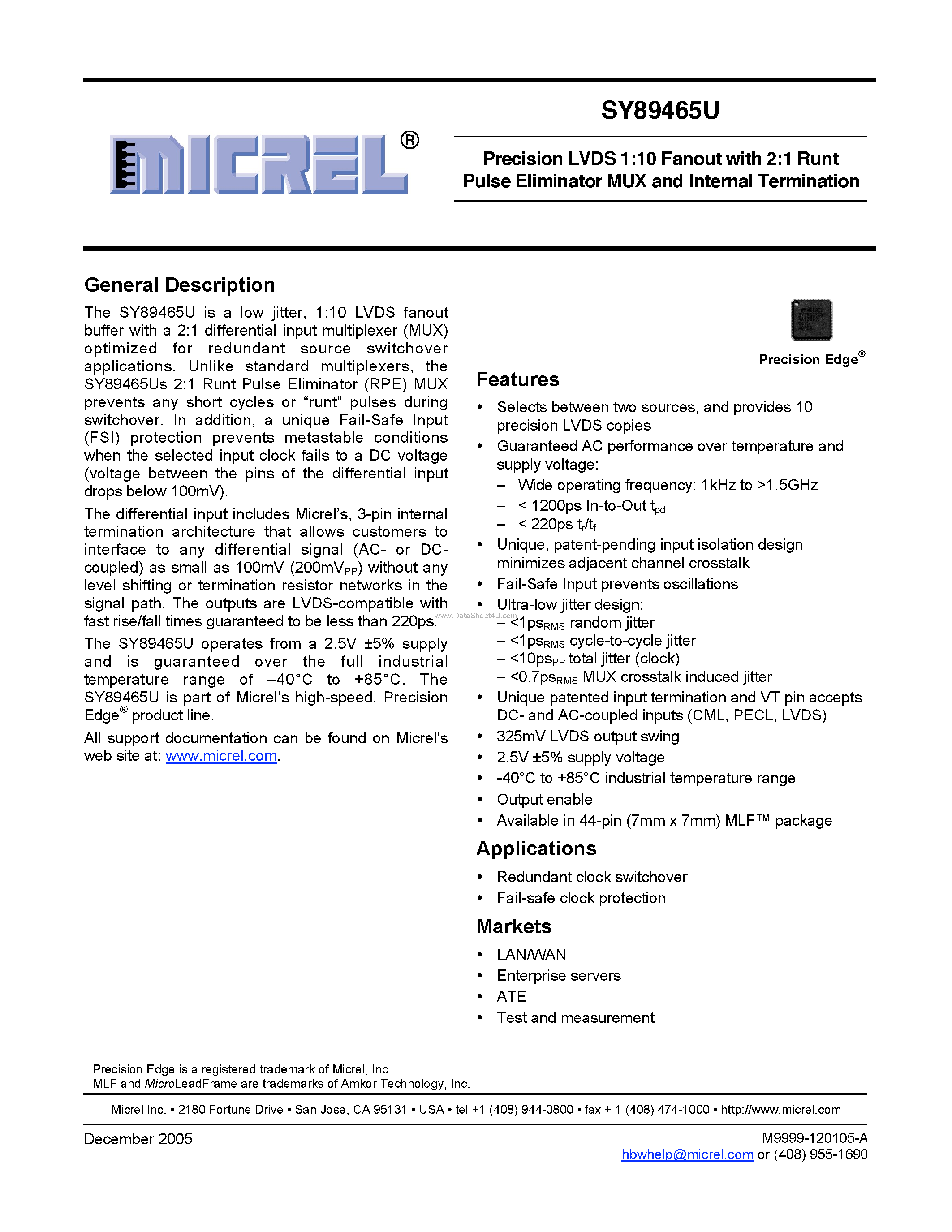 Даташит на микросхему SY89465U страница 1 Даташит SY89465U - Precision LVDS 1:10 Fanout страница 1