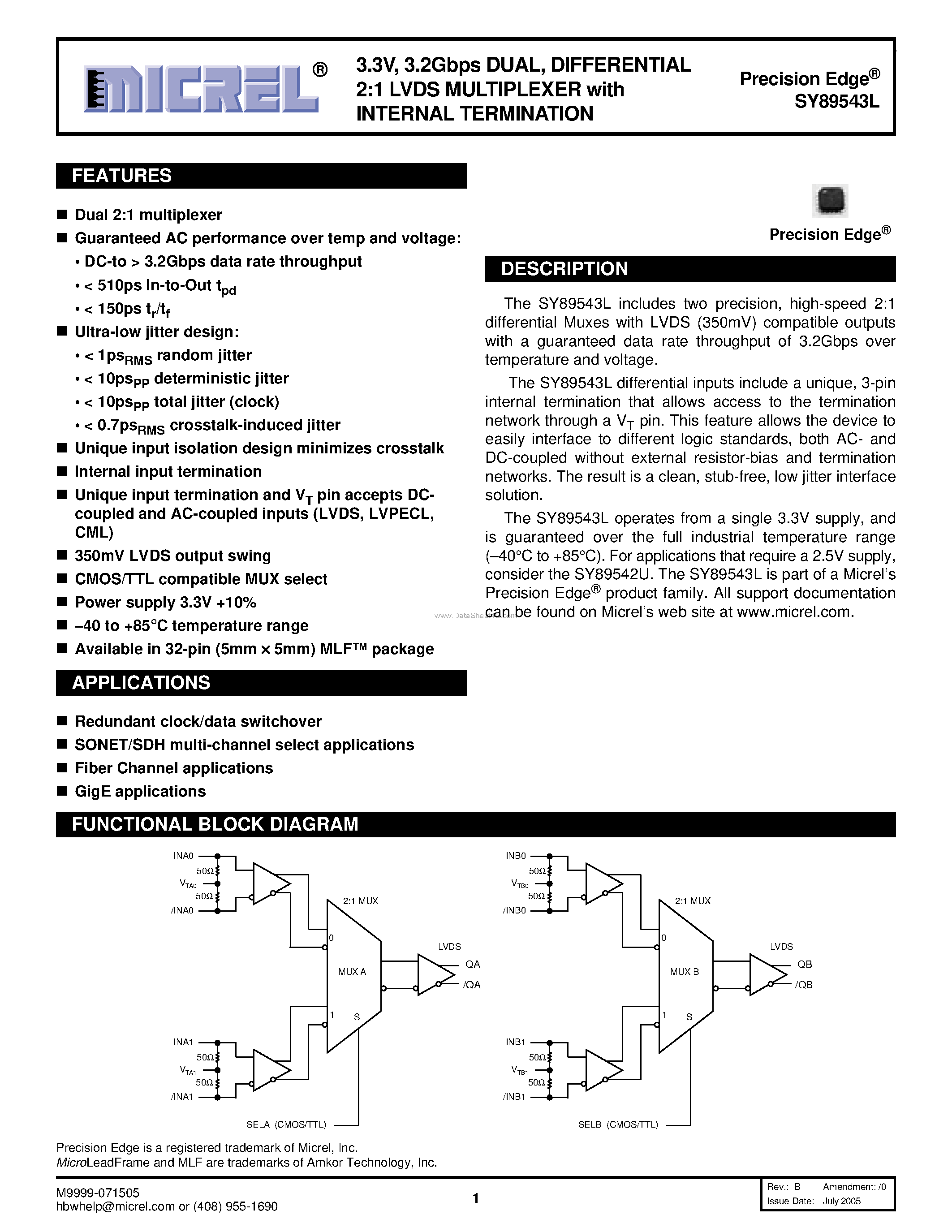 Datasheet SY89543L - DIFFERENTIAL 2:1 LVDS MULTIPLEXER page 1